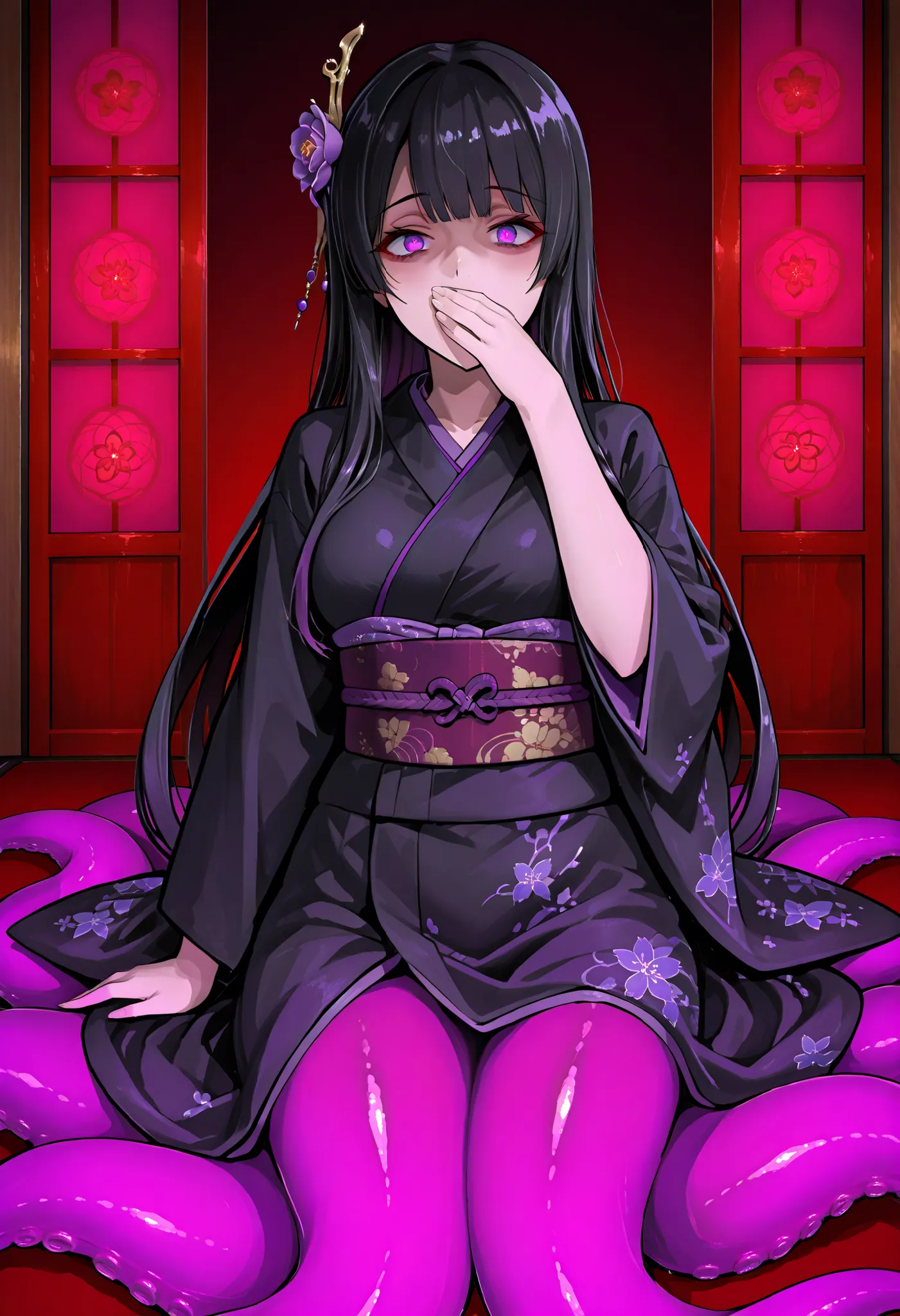 Scylla style girl. Black hair. Straight hairstyle. Long hair. Purple eyes. Yandere eyes. Hiding her mouth with a fan. Japanese-style hair accessory. Japanese-style kimono. Black costume. Red decoration. Purple tentacles. Sword entangled with tentacles. Und...