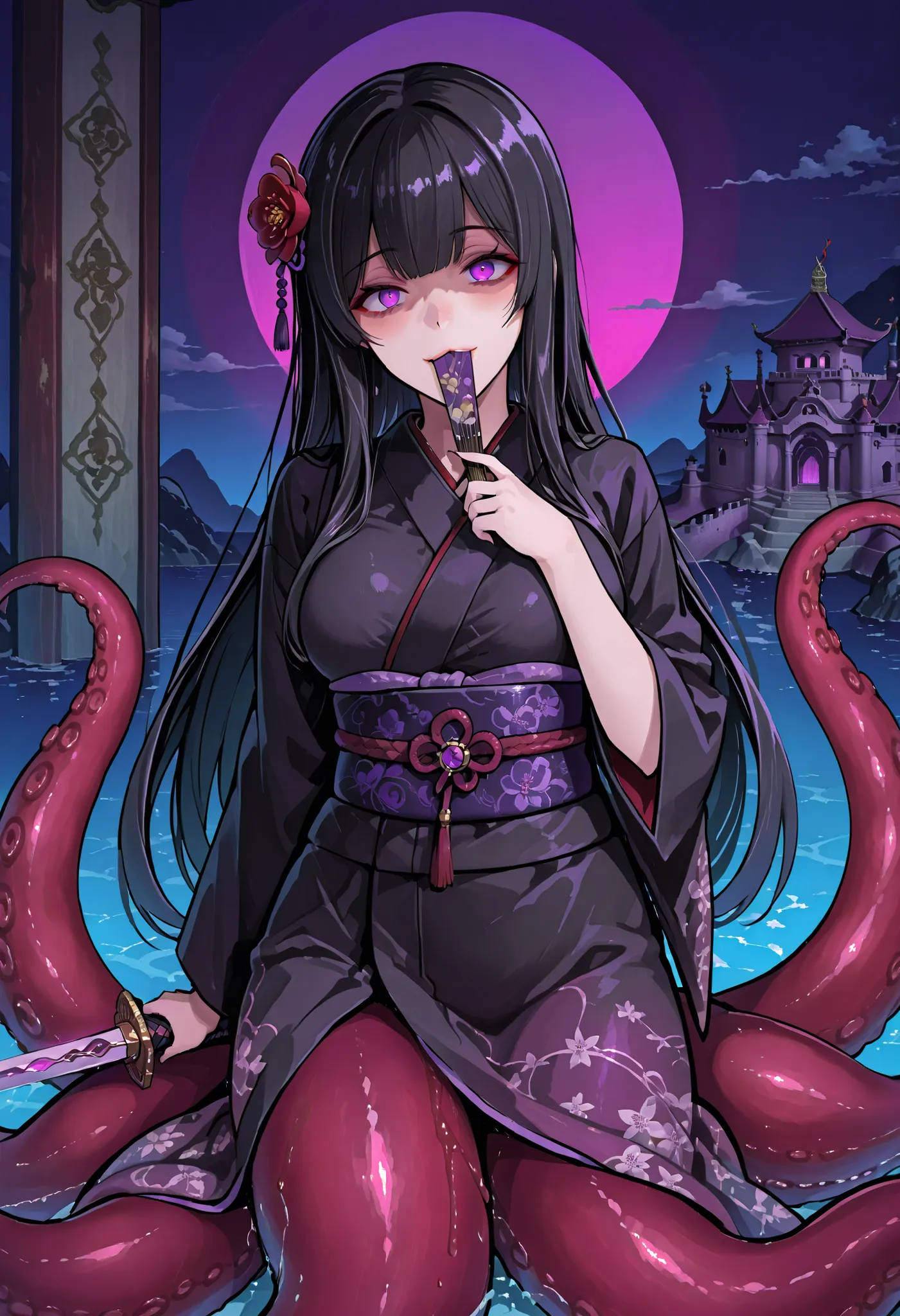 Scylla style girl. Black hair. Straight hairstyle. Long hair. Purple eyes. Yandere eyes. Hiding her mouth with a fan. Japanese-style hair accessory. Japanese-style kimono. Black costume. Red decoration. Purple tentacles. Sword entangled with tentacles. Und...