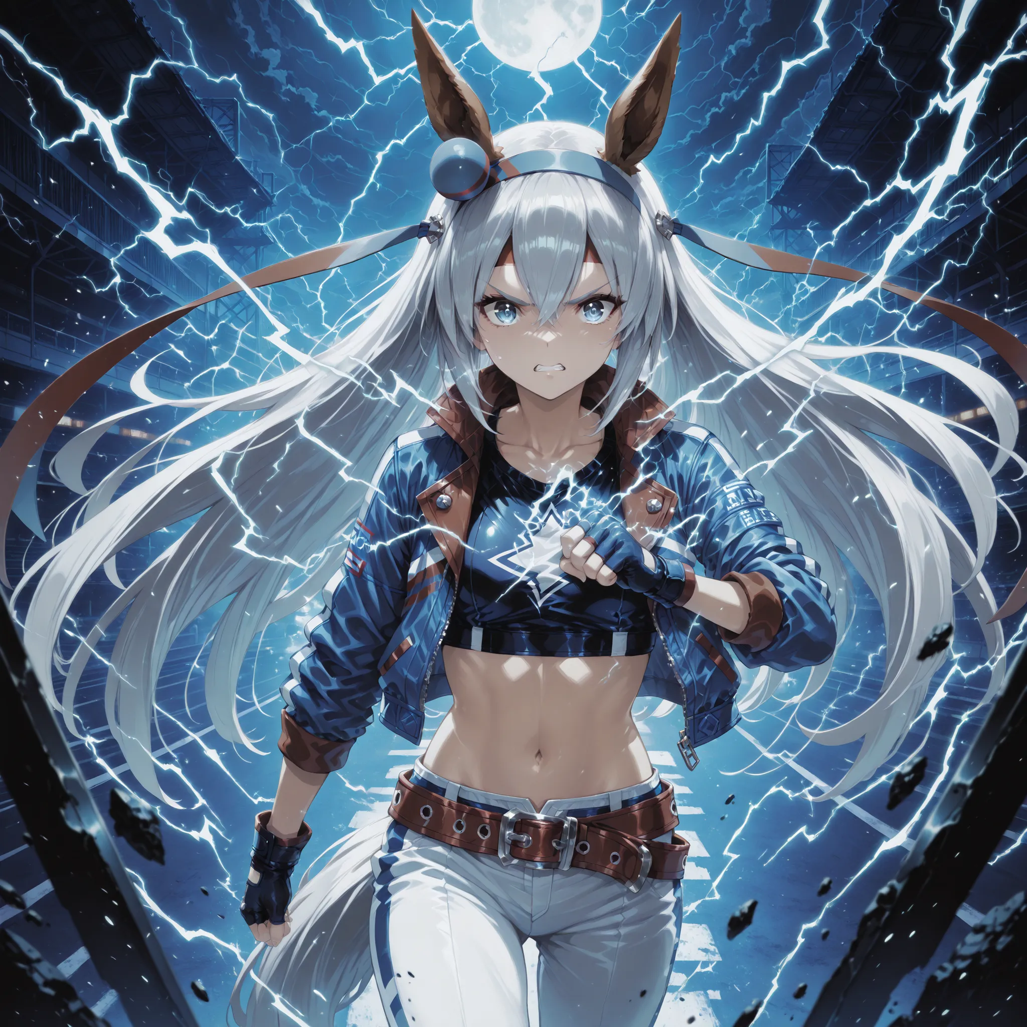 tamamo cross(Uma Musume), wearing her race outfit, R4CE,blue jacket,white pants ,belt,crop top,navel,midriff,lightning bolt symbol,fingerless gloves , intense and determined expression, surrounded by a cool dark blue aura, swirling energy and fighting spir...