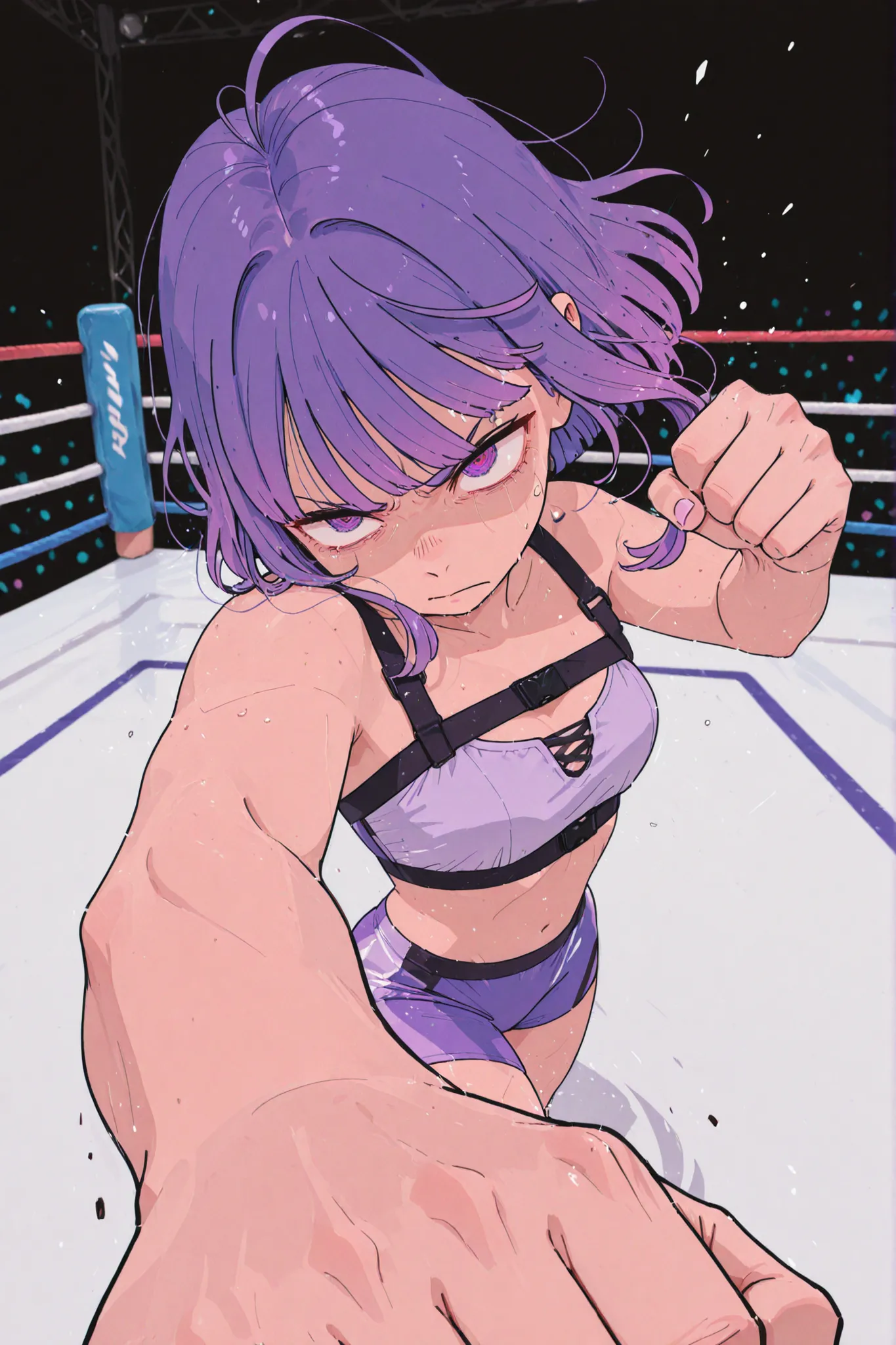 boxer with short purple hair wearing wrestling shorts and chest straps at her peak in the fight, very tired but determined punching her opponent, crazy perspective, eyes open, 4k full hd, perfect hands, movement hair