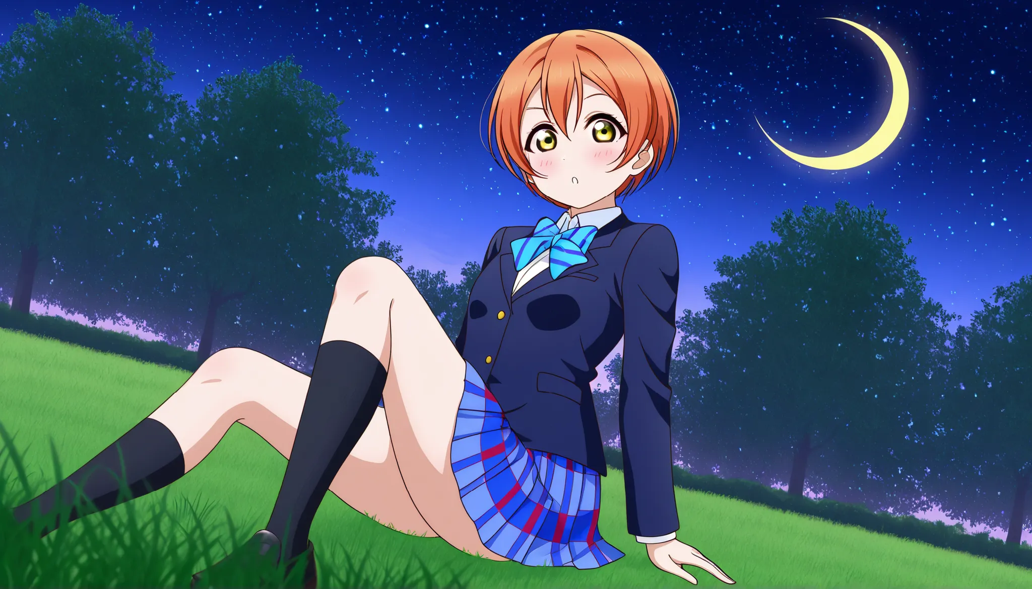 1girl, hoshizora rin, striped, short hair, blush, otonokizaka school uniform, lovelive_rin black blazer, blue plaid skirt, blue stripe bowtie, orange hair, very short hair, hair between eyes, yellow green eyes,knee up,crescent moon, stars (sky),looking at ...