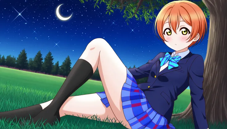 1girl, hoshizora rin, striped, short hair, blush, otonokizaka school uniform, lovelive_rin black blazer, blue plaid skirt, blue stripe bowtie, orange hair, very short hair, hair between eyes, yellow green eyes,knee up,crescent moon, stars (sky),looking at ...