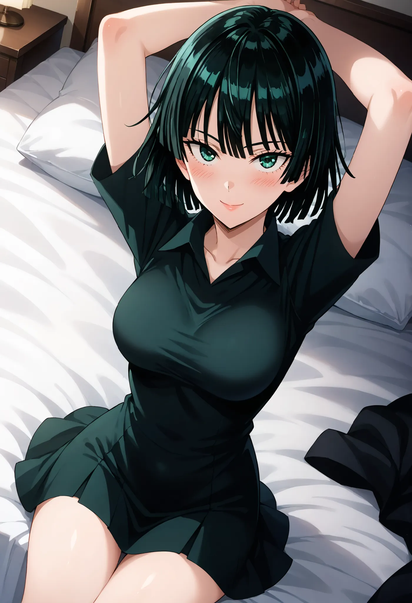 (((masterpeace))),(((High Quality))),Fubuki (One-Punch Man),dark haired,short hair,black shirt,black tight skirt,Medium Breasts,((Raising Your Arms)),((angle from above)),(bed),((Smiling)),((Blush)),Ulchan - 6500-v1.1, (RAW pictures:1.2), BEAUTIFUL DETAILS...