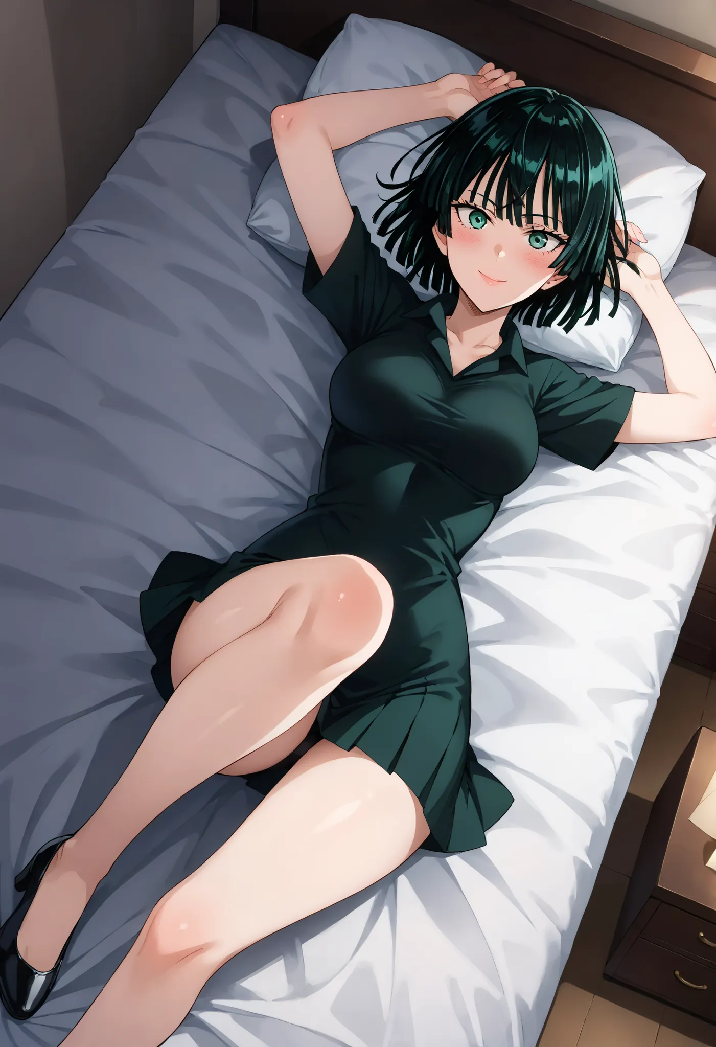 (((masterpeace))),(((High Quality))),Fubuki (One-Punch Man),dark haired,short hair,black shirt,black tight skirt,Medium Breasts,((Raising Your Arms)),((angle from above)),(bed),((Smiling)),((Blush)),Ulchan - 6500-v1.1, (RAW pictures:1.2), BEAUTIFUL DETAILS...