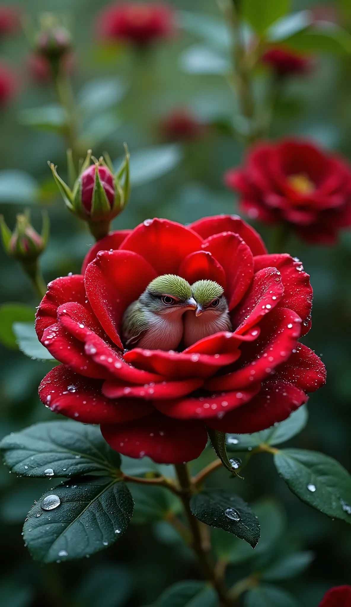 a red rose branch with buds and a lush flower, on which two small birds nestle in the petals of a red flower. The flower looks like a rose, and its delicate petals form a cozy shelter for birds. Droplets of water are visible on the petals, indicating that ...