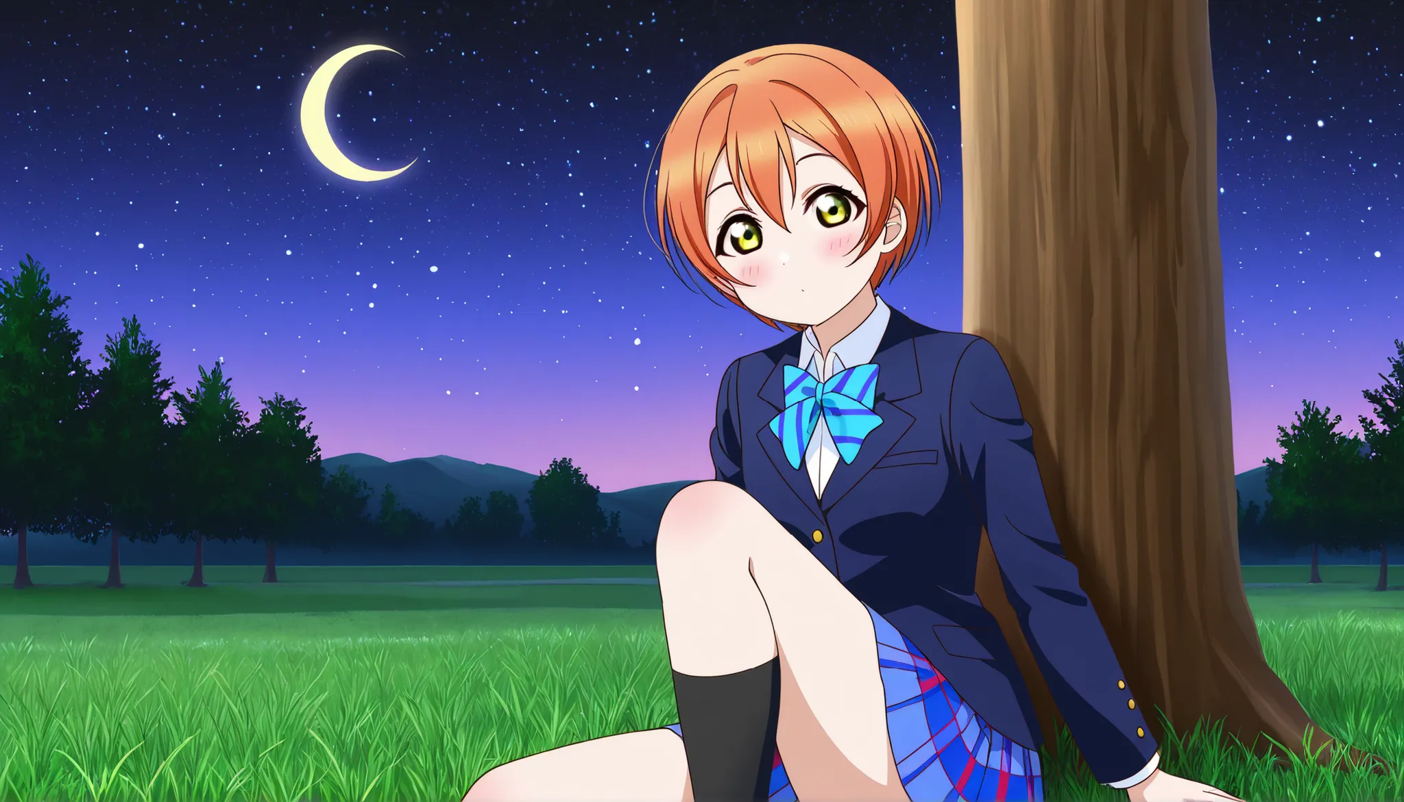 1girl, hoshizora rin, striped, short hair, blush, otonokizaka school uniform, lovelive_rin black blazer, blue plaid skirt, blue stripe bowtie, orange hair, very short hair, hair between eyes, yellow green eyes,knee up,crescent moon, stars (sky),looking at ...