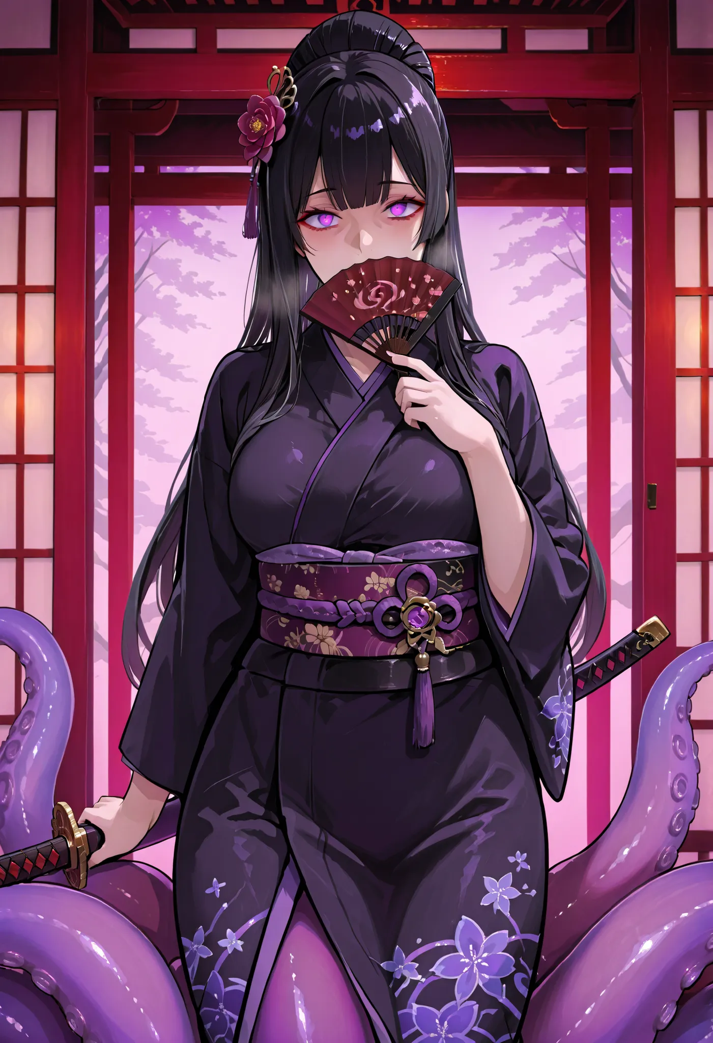 Scylla style girl. Black hair. Straight hairstyle. Long hair. Purple eyes. Yandere eyes. Hiding her mouth with a fan. Japanese-style hair accessory. Japanese-style kimono. Black costume. Red decoration. Purple tentacles. Sword entangled with tentacles. Und...
