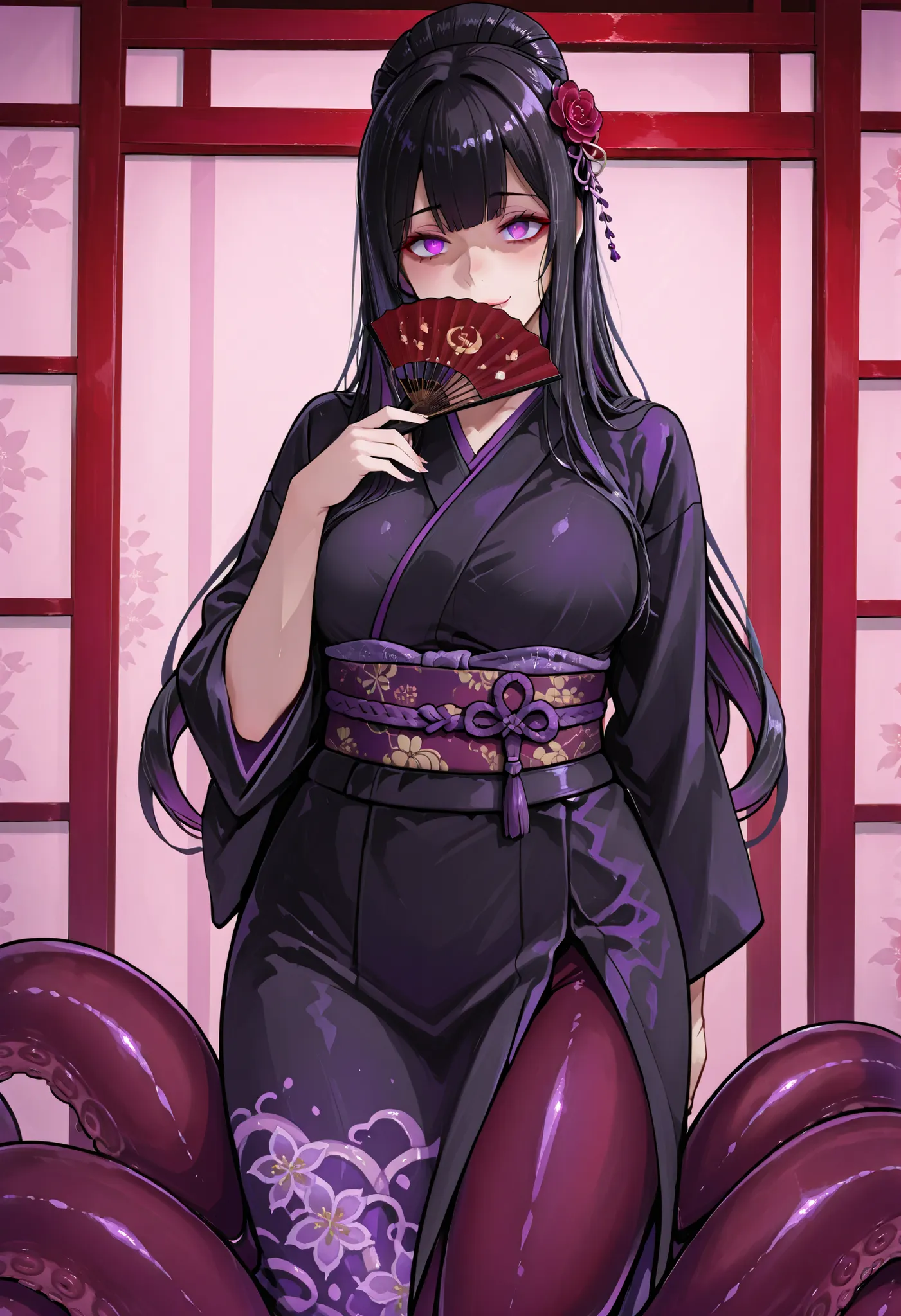 Scylla style girl. Black hair. Straight hairstyle. Long hair. Purple eyes. Yandere eyes. Hiding her mouth with a fan. Japanese-style hair accessory. Japanese-style kimono. Black costume. Red decoration. Purple tentacles. Sword entangled with tentacles. Und...