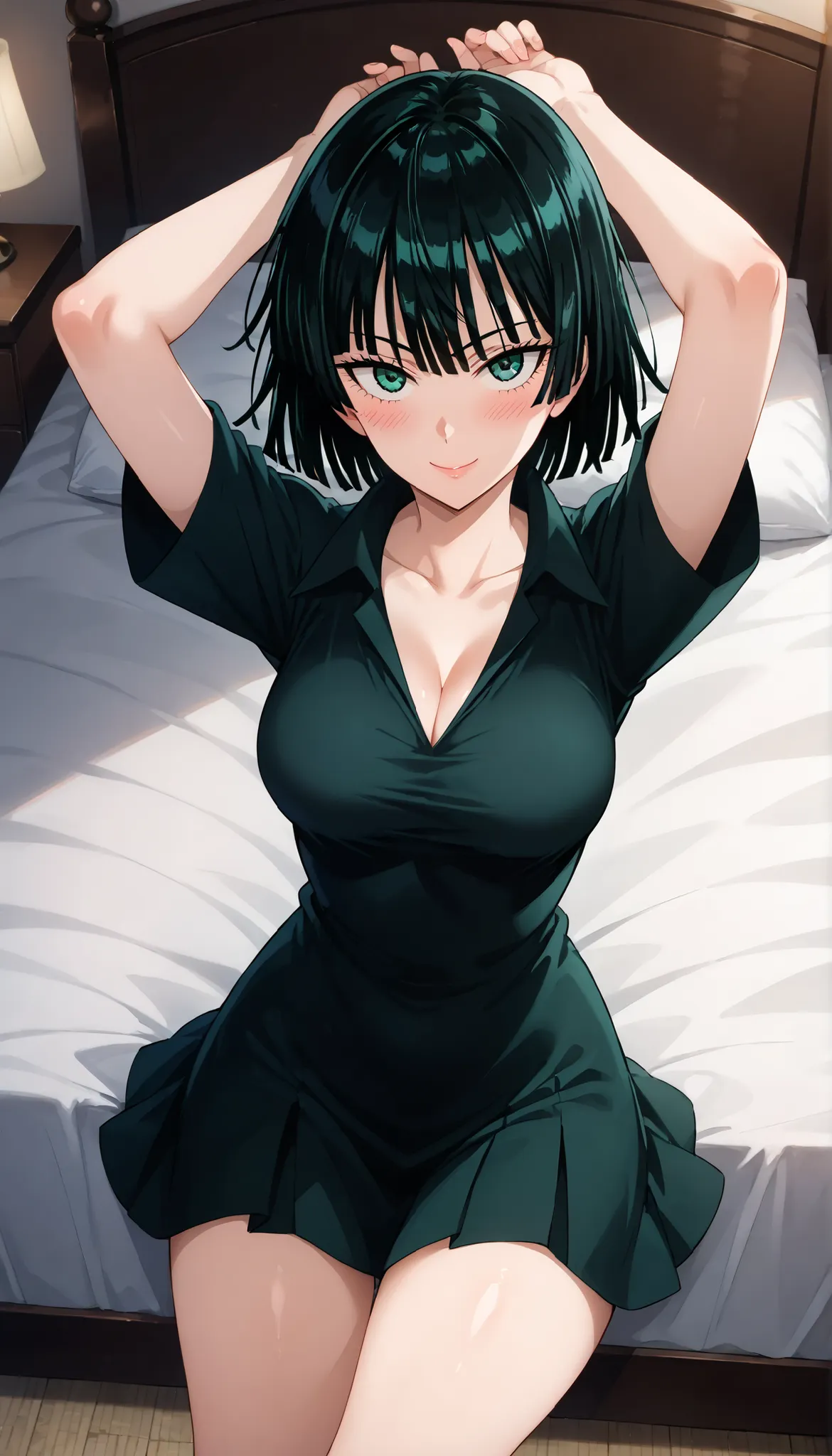 (((masterpeace))),(((High Quality))),Fubuki (One-Punch Man),dark haired,short hair,black shirt,cleavage,black tight skirt,Medium Breasts,((Raising Your Arms)),((angle from above)),(bed),((Smiling)),((Blush)),Ulchan - 6500-v1.1, (RAW pictures:1.2), BEAUTIFU...