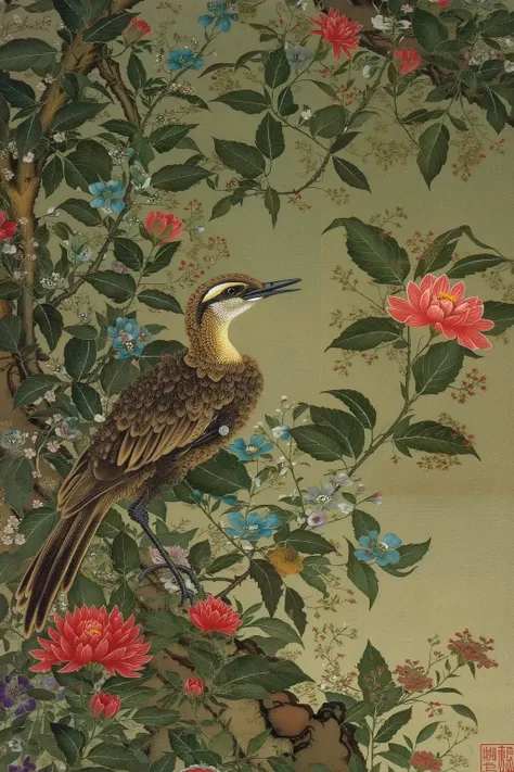 ito jakuchu,nihonga,flowers,bird,branch,tree,plants,summer,colorful,vivid color