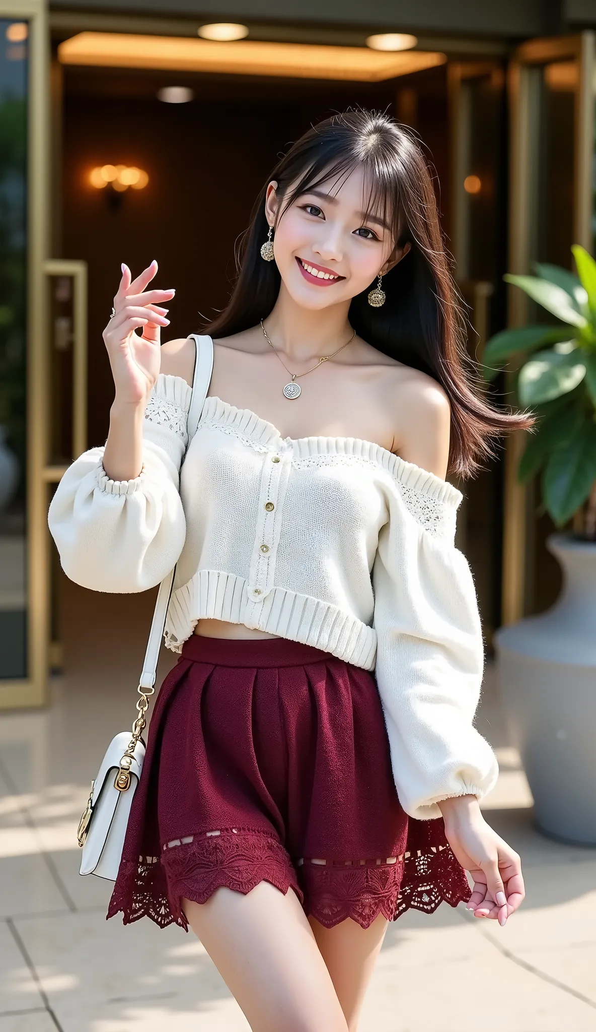 ((full body shot:1.5))、(petite young Japanese woman taking a commemorative photo outside the hotel entrance)、background、Hotel entrance on tiled hotel、automatic glass door、Flowerpot with foliage plants、((dating))、morning、big smiles、((White Off Shoulder Knit...