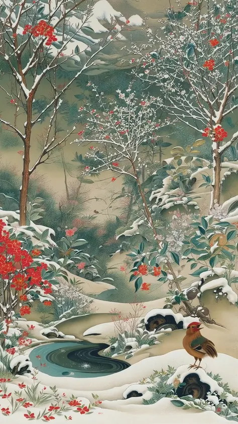 wide shot,landscape,ito jakuchu,nihonga,winter,snow,flowers,bird,branch,tree,plants,river,colorful,vivid color