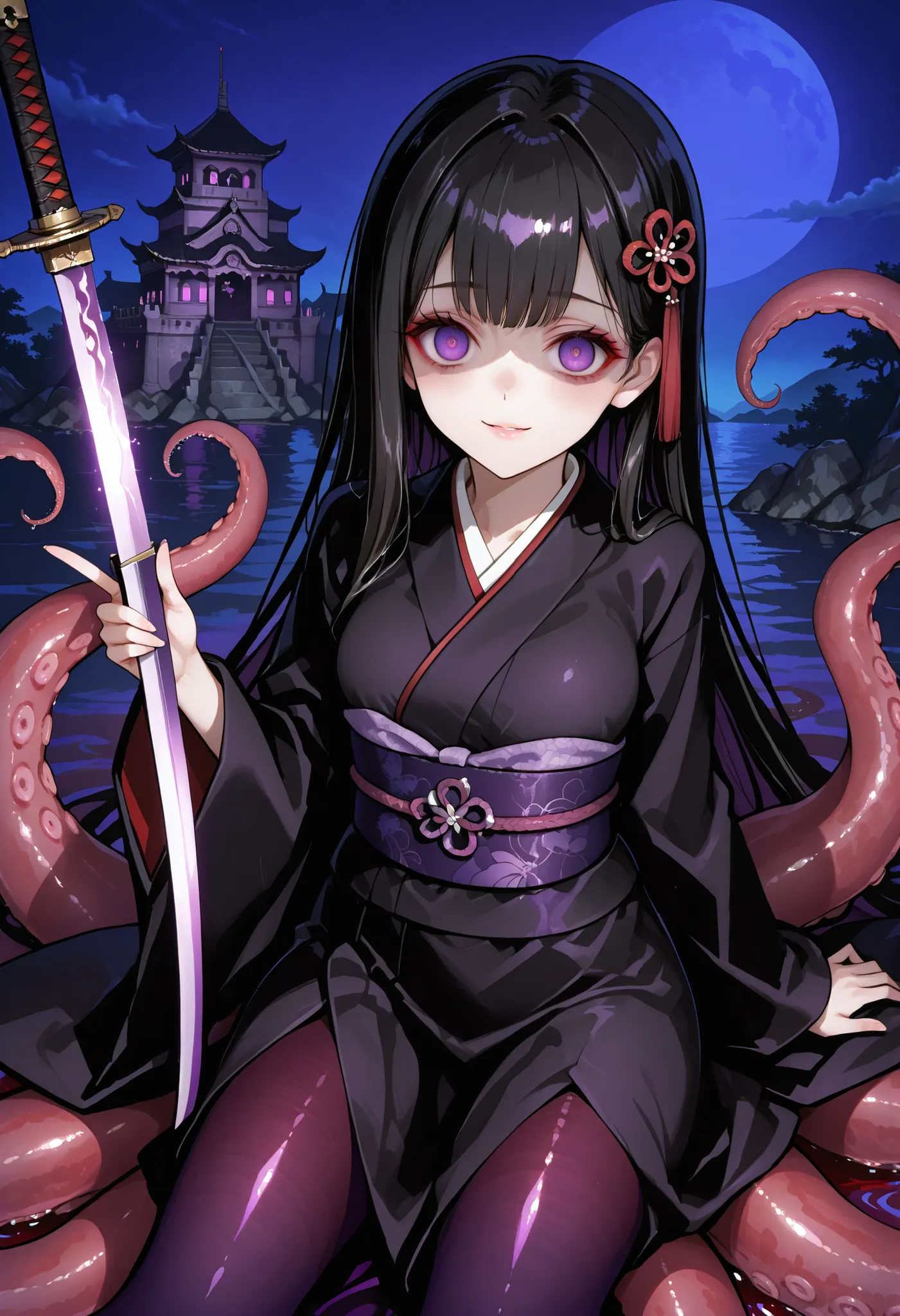 Scylla style girl. Black hair. Straight hairstyle. Long hair. Purple eyes. Yandere eyes. Hiding her mouth with a fan. Japanese-style hair accessory. Japanese-style kimono. Black costume. Red decoration. Purple tentacles. Sword entangled with tentacles. Und...