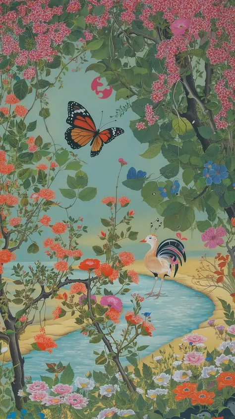 wide shot,landscape,ito jakuchu,nihonga,summer,butterfly,flowers,bird,branch,tree,plants,river,colorful,vivid color