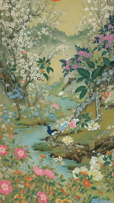 wide shot,landscape,ito jakuchu,nihonga,summer,butterfly,flowers,bird,branch,tree,plants,river,colorful,vivid color