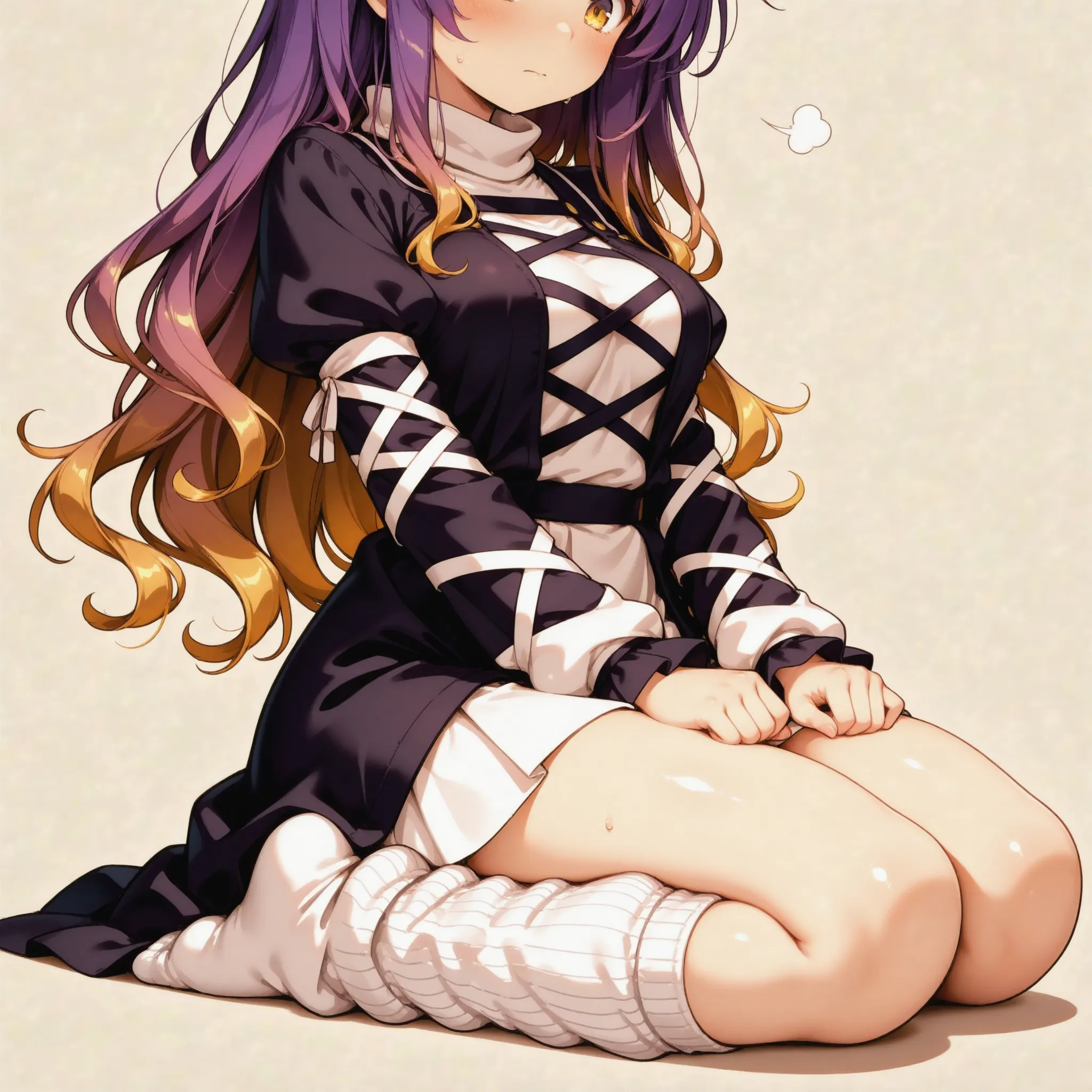 1girl, (hijiri byakuren (touhou):1), yellow eyes, long hair, gradient hair, multicolored hair, two-tone hair, purple hair, brown hair, wavy hair, (white long dress:1.1), layered dress, cross-laced clothes, turtleneck dress, juliet sleeves, puffy short slee...