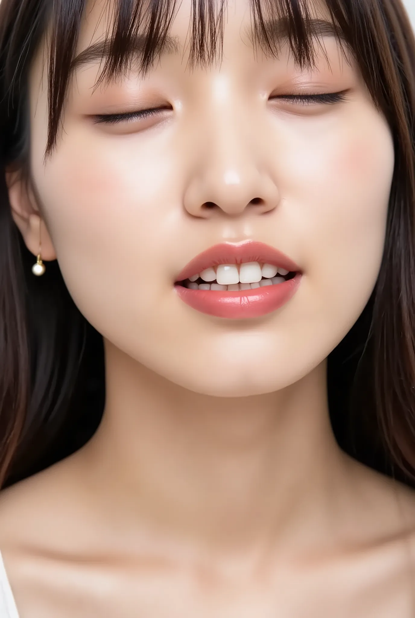  beautiful young woman , eyes closed, Euphoric Smile , Extremely pouty lips, lips pushed forward, Lipsきつくキスしたくなるような口元, Lips、sharp O-shape with a soft texture, Exaggerated Kiss Face, Heart shaped lips, super glossy pink lips, blush, blushの耳, black camisole,...