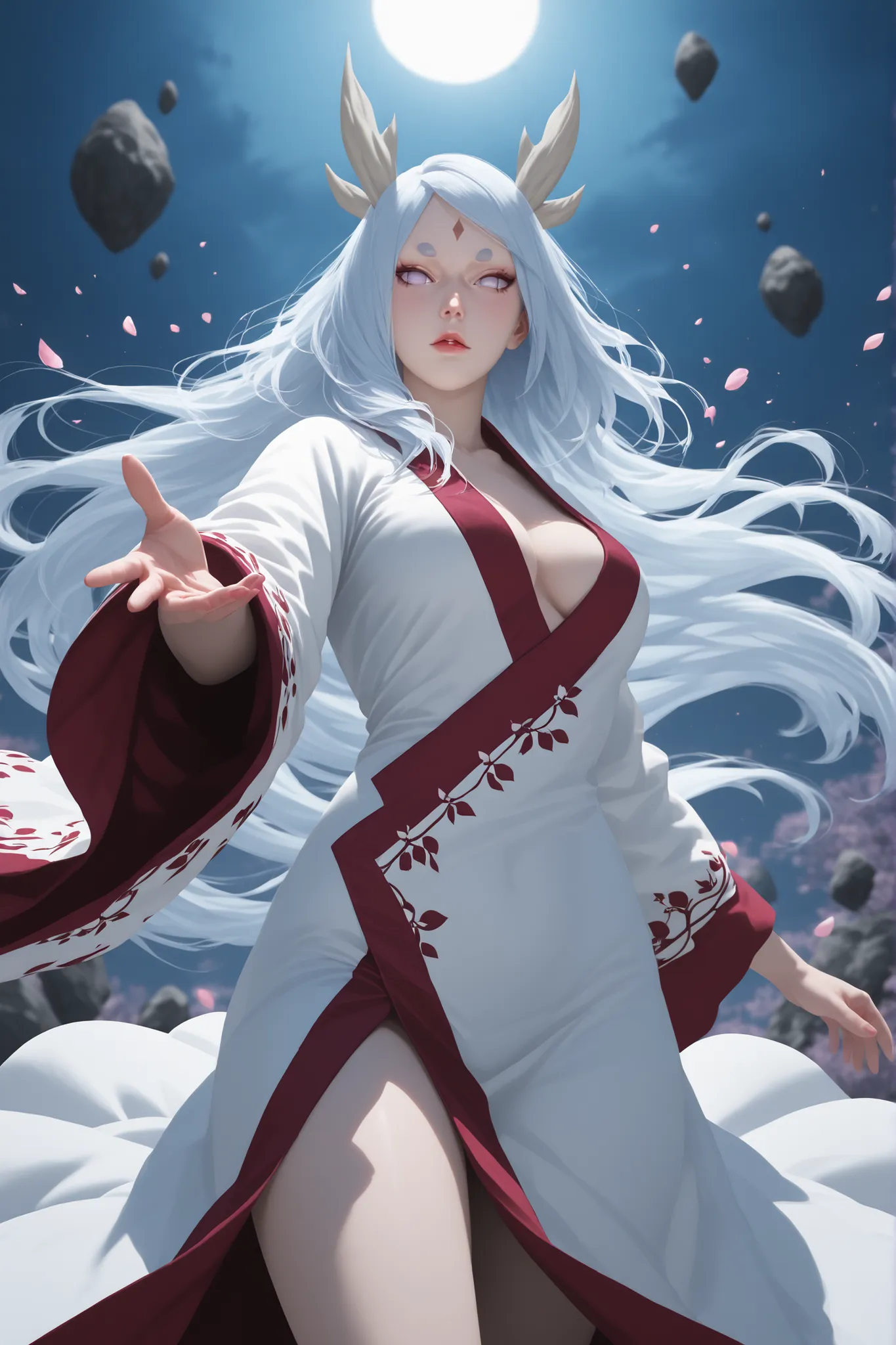 A beautiful girl resembling Kaguya Otsutsuki from the Naruto anime, depicted in a highly detailed realistic 3D animation style. She has long, flowing silvery white hair, flawless pale skin, and mysterious soft lavender pupil-less eyes. and two horns on her...