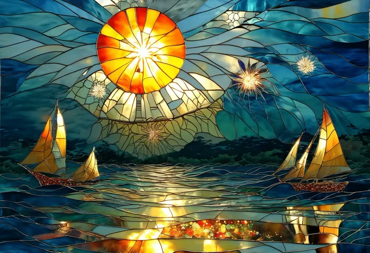 Sea of Japan, Shonan (area south of Tokyo). sity pop style. A vibrant and dynamic scene of fireworks illuminates the night sky. Dominating the composition, large bursts of fiery orange and yellow firework explosions contrast starkly against the deep blues ...