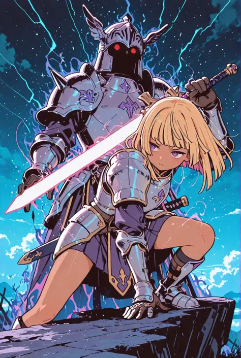 front、cute、Beautiful girl、tanned skin、thick eyebrows、1 girl repairing her left hand、Isekai Fantasy、Thunderstorm、there is an aura of darkness wafting through the body、Blonde、looking back suddenly towards a hidden enemy、Shojutsu Stance ,weapons、has a sacred sword that gives off an aura、Archangel's Armor、Carrying a Holy Sword  、The location is above the clouds 、and、an intense aura of light is being emitted from the body、My occupation is a Holy Knight、 paladin、hime cut