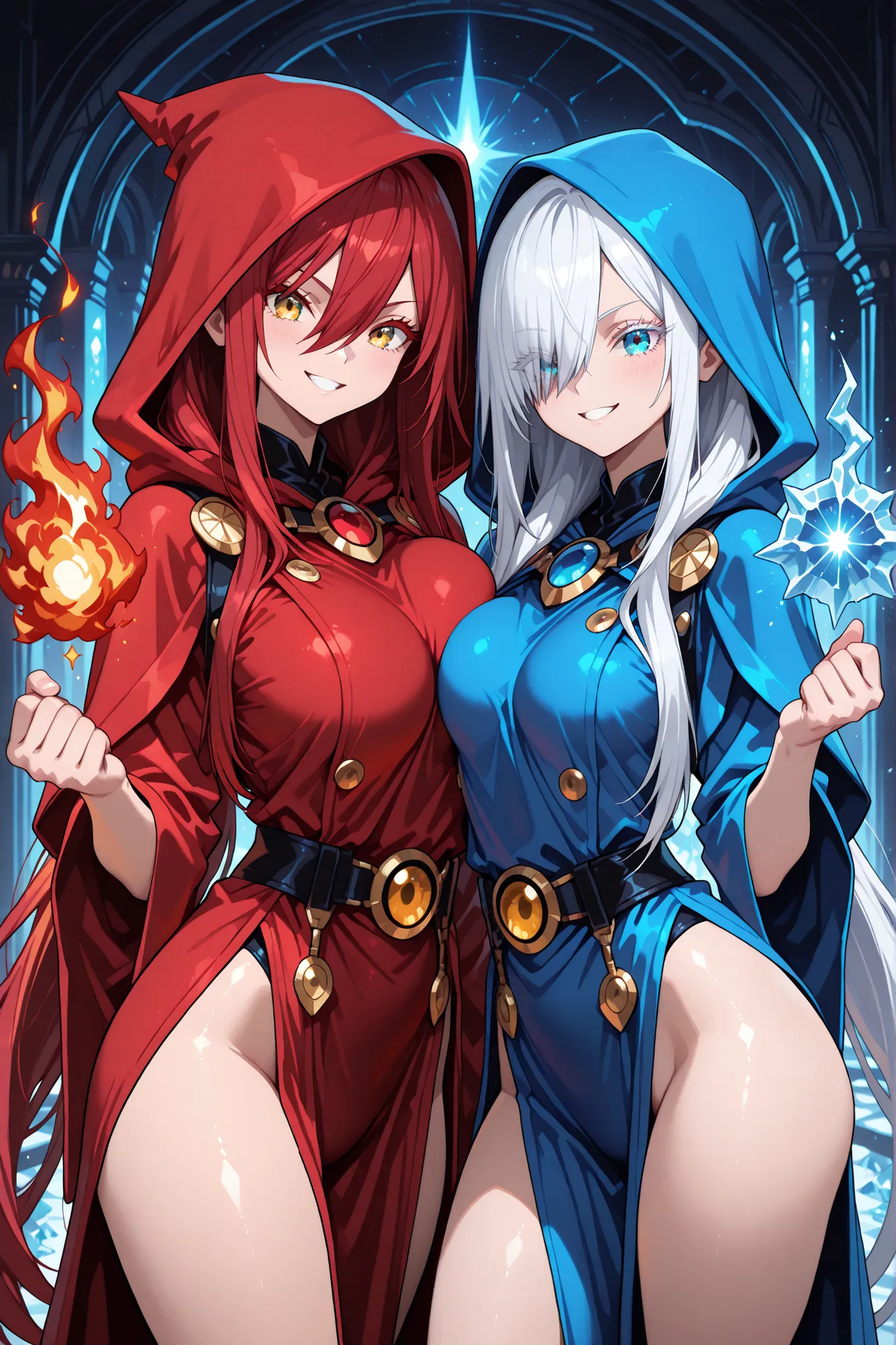 2 girls, duo focus, multiple girls, side by side, face to face, smile, grin, outstreched hand, BREAK 1 girl , Shana Ryu, golden eyes , very long hair , long sidelocks, red hair , petite , very cute , beautiful ,Straight hair, cool, handsome, hair between e...