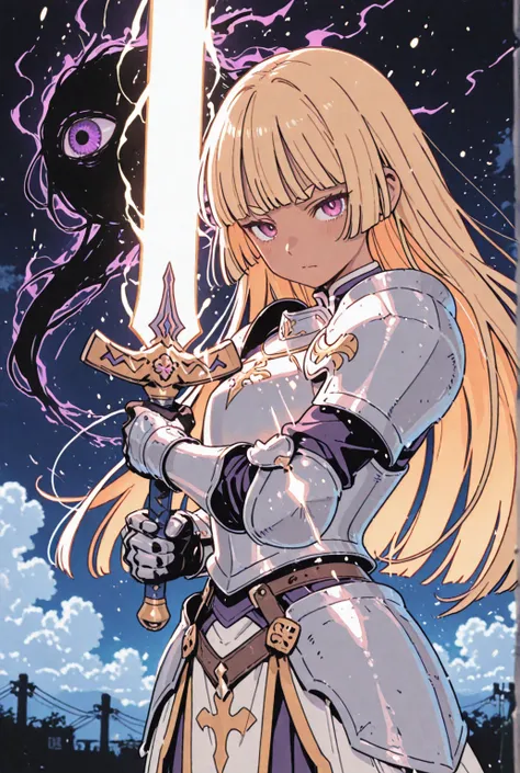 front、cute、Beautiful girl、tanned skin、thick eyebrows、1 girl repairing her left hand、Isekai Fantasy、Thunderstorm、there is an aura of darkness wafting through the body、Blonde、looking back suddenly towards a hidden enemy、Shojutsu Stance ,weapons、has a sacred sword that gives off an aura、Archangel's Armor、Carrying a Holy Sword  、The location is above the clouds 、and、an intense aura of light is being emitted from the body、My occupation is a Holy Knight、 paladin、hime cut,A man licks a girl's eyeball