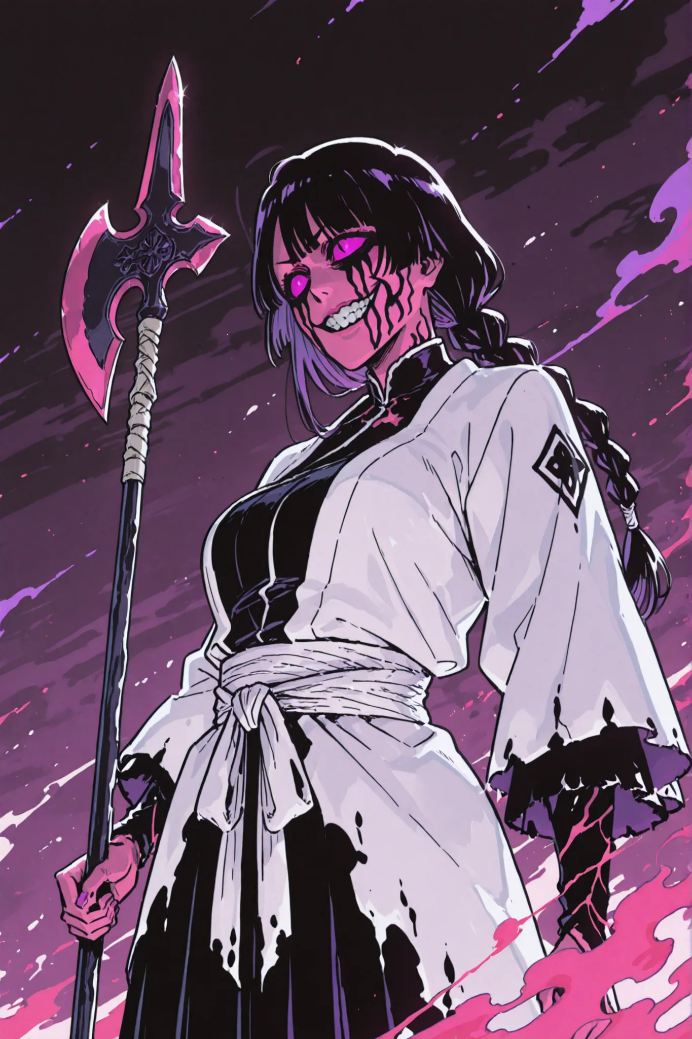 22-year-old purple- full braided haired woman with chaotic maniac face wearing her halberd-shaped bankai, Shinigami clothing from division 13,  bleach style,