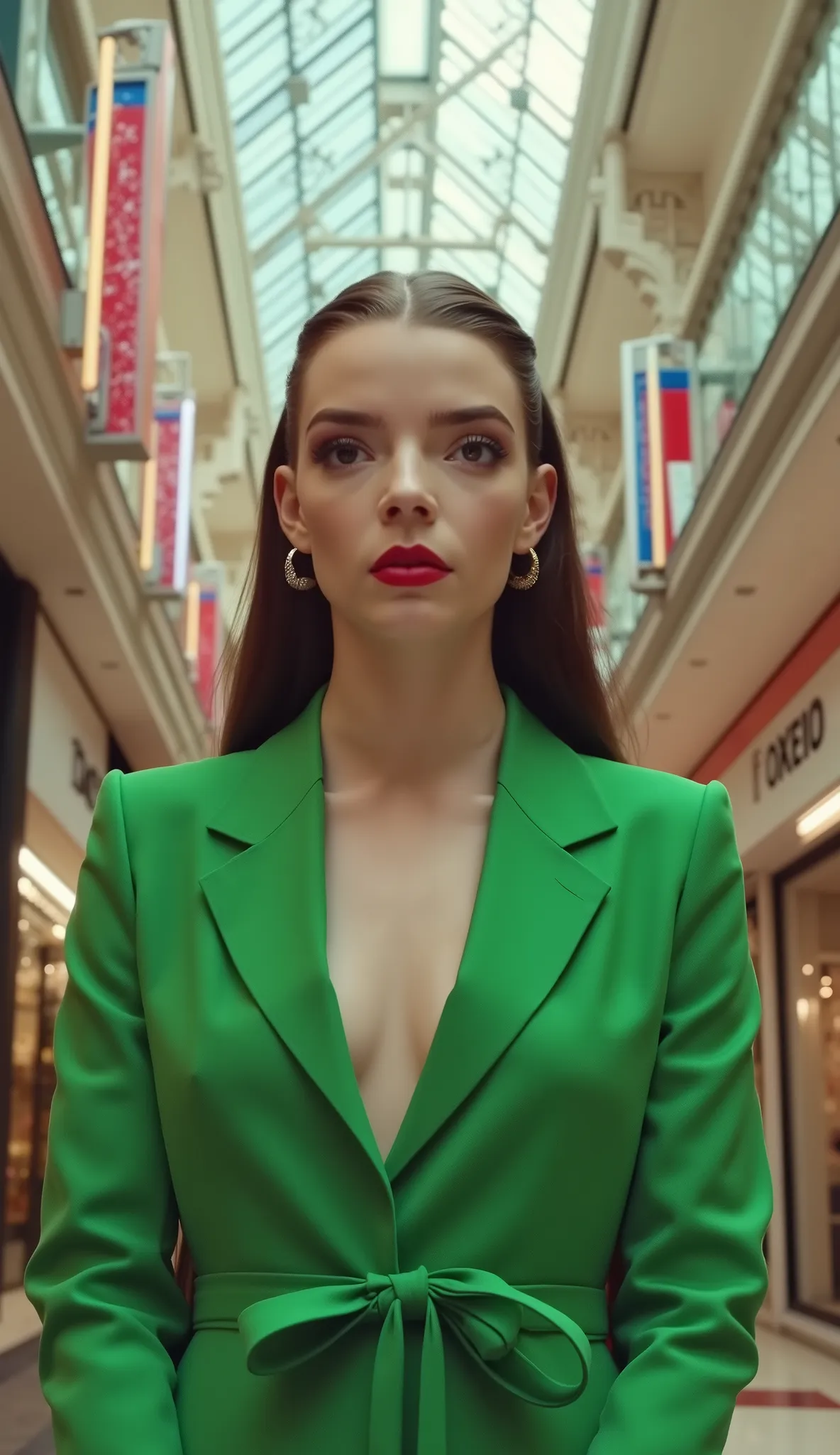 Hyperrealist Anya Taylor-Joy dressed in green in a hyperrealistic mall background, upper body in 8k