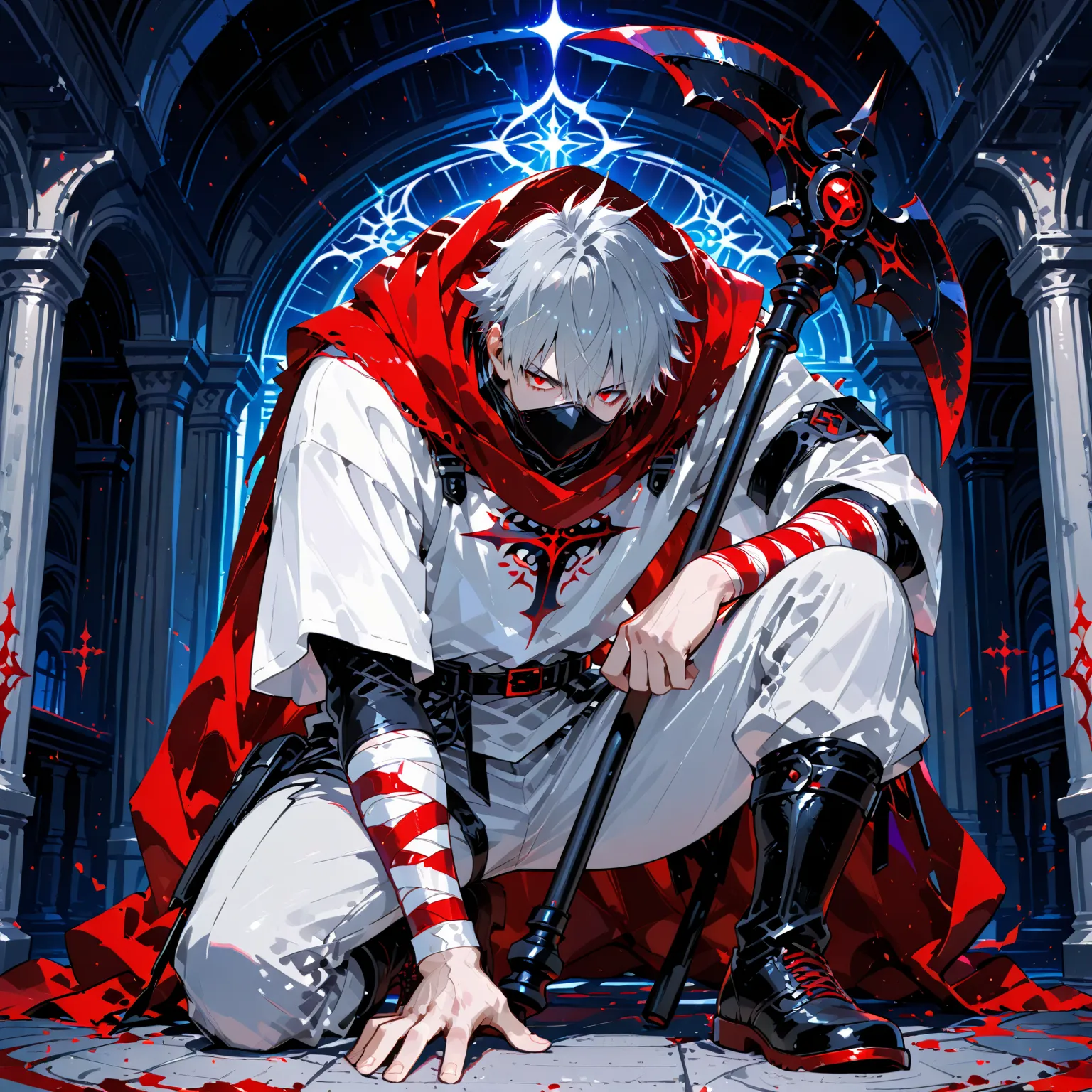 (vermilion warrior,  male, giant double-edged axe), Dynamic, Minimalistic line drawing style with solid colors and strong contrasts, giant double-edged axeを振りかざしている. Warriors stand out for their sharp, other rooms, Mainly vermilion、with an impressive black patch in the center, And intense, determined expression. wearing a unique costume, Stylized illustration depicting young warriors in battle {x} A red cape or poncho flowing dramatically in the background, wearing a white shirt with a bandage wrapped around the sleeve, and the white pants fit. Warrior Posture, Raise One Knee、with the other knee extended, that suggests a powerful jump or blow. The background is a simple , unadorned light gray, figures. The illustrations are clean, Enhancing the sense of energy, and the movement of the scene.