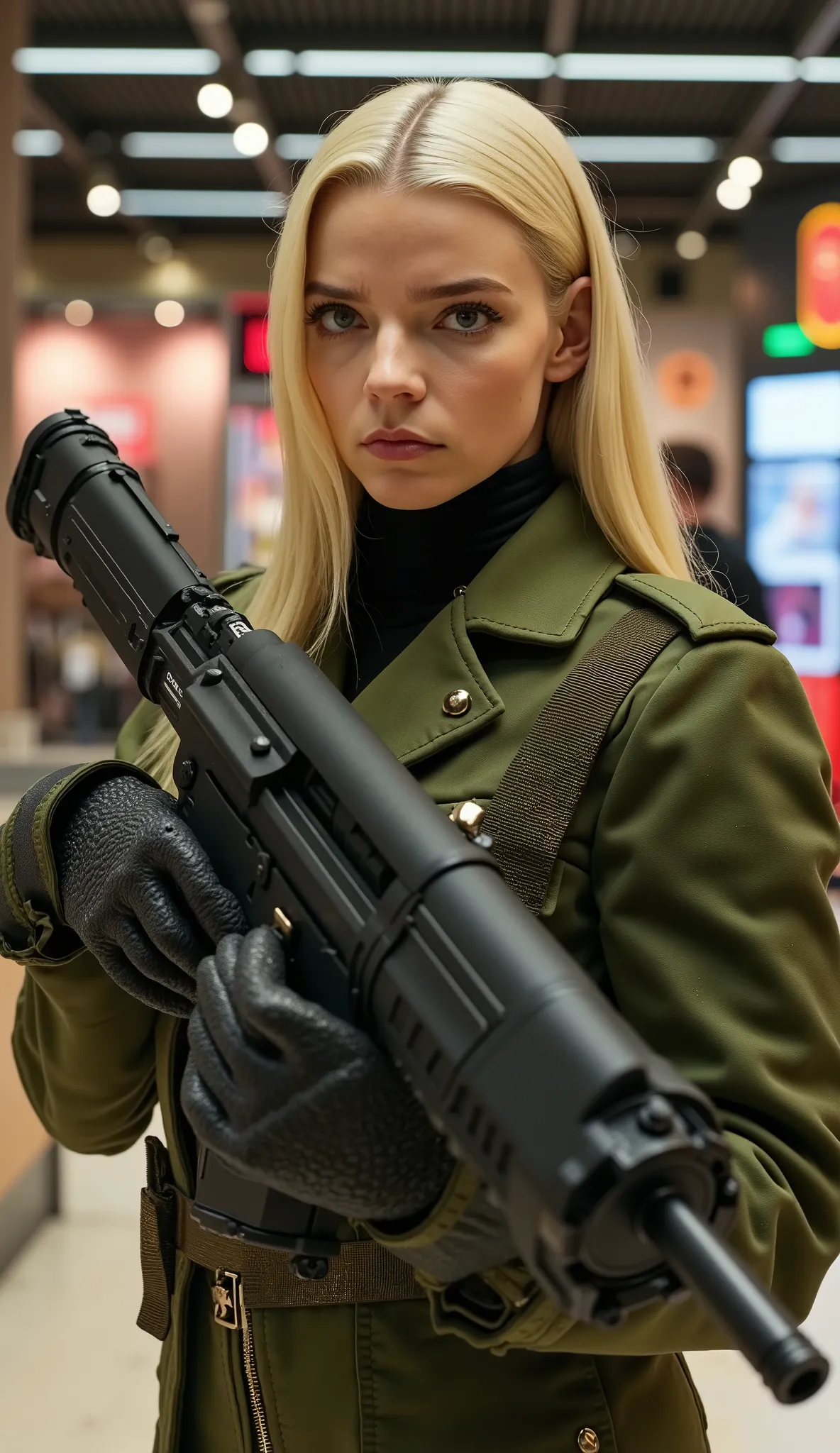Anya Taylor-Joy as Sonya from Mortal Kombat, hiper-realista, with her green metal military outfit and green suit blonde hair and her machine gun upper body, em um shopping, with a hyper-realistic background, upper body in 8k
