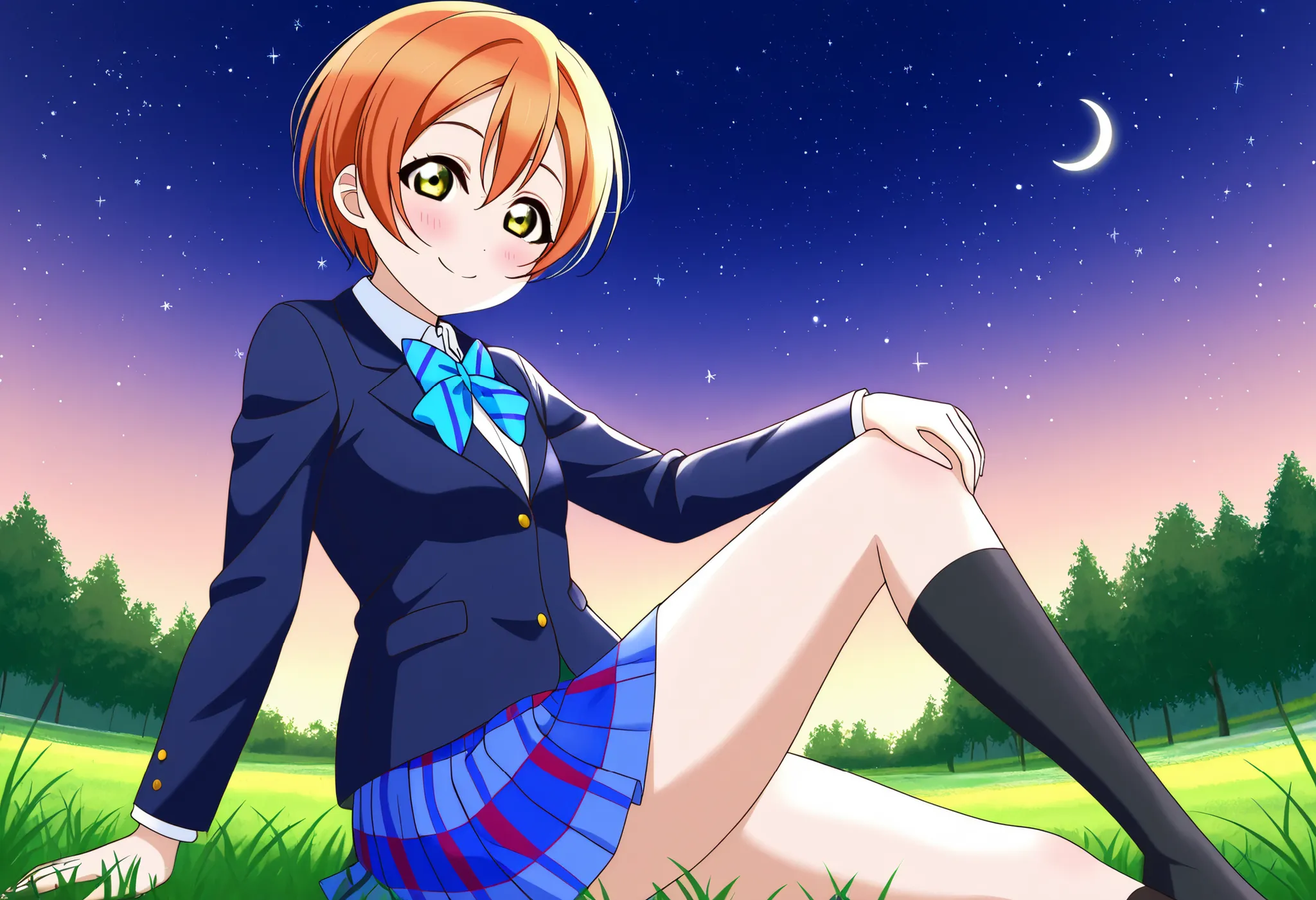 1girl, hoshizora rin, striped, short hair, blush, otonokizaka school uniform, lovelive_rin black blazer, blue plaid skirt, blue stripe bowtie, orange hair, very short hair, hair between eyes, yellow green eyes,knee up,crescent moon, stars (sky),looking at ...