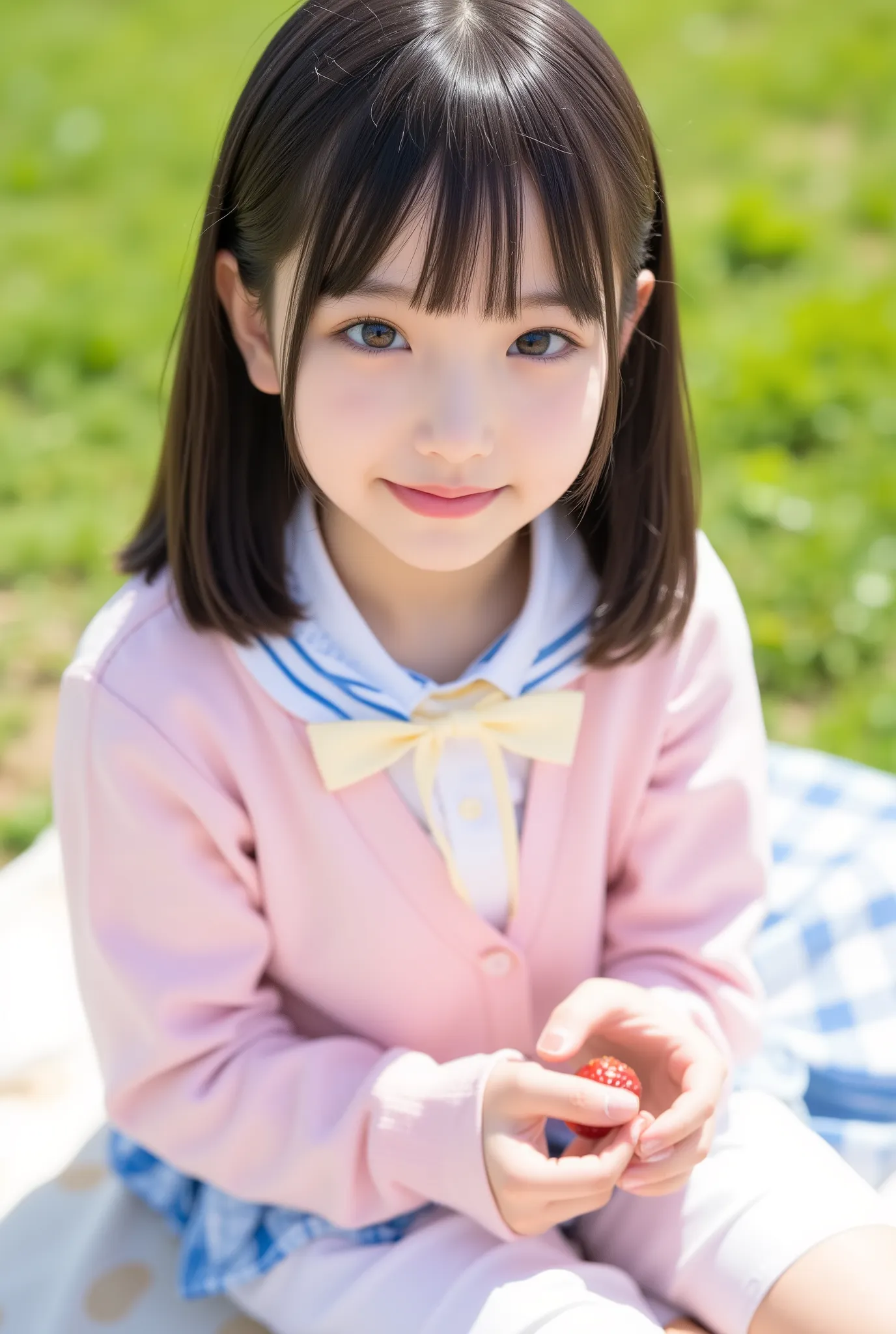 (short,elementary school,short,baby face:1.3),cute,Japanese girl,Super Real,high resolution,top quality,8k,Exquisite Details,depth of field,,a prairie with dandelions swaying in the breeze、sit on a picnic sheet under a cherry tree in the park、wear a light ...