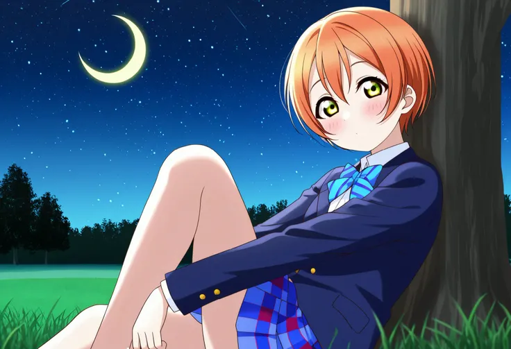 1girl, hoshizora rin, striped, short hair, blush, otonokizaka school uniform, lovelive_rin black blazer, blue plaid skirt, blue stripe bowtie, orange hair, very short hair, hair between eyes, yellow green eyes,knee up,crescent moon, stars (sky),looking at ...