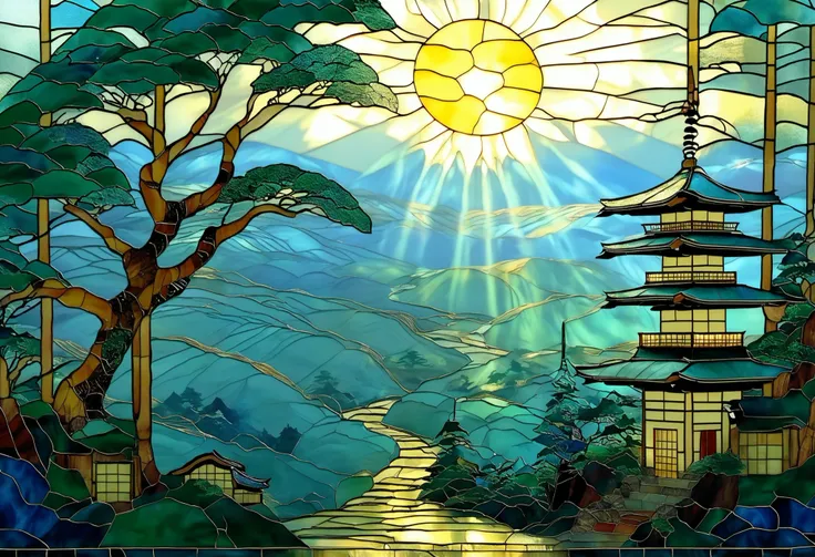 A breathtaking bird’s-eye view of a vast Japanese mountain forest, painted in a luminous stained glass style. Nestled among the dense, emerald-green trees, a small red torii gate glows gently under a shaft of golden sunlight piercing through the forest can...