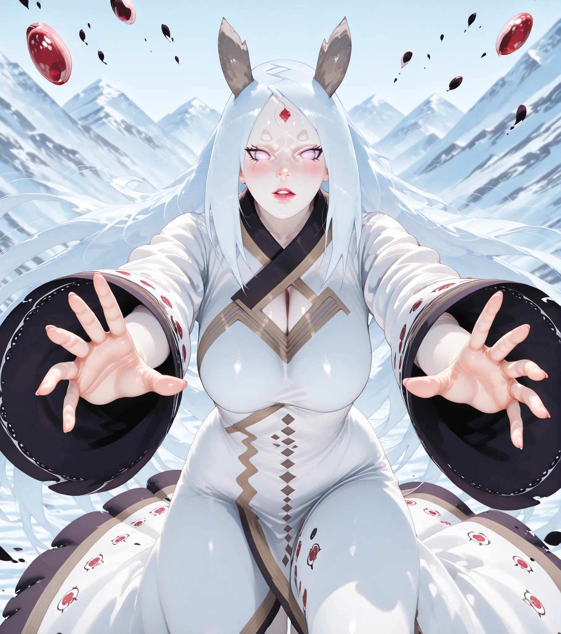 A beautiful girl resembling Kaguya Otsutsuki from the Naruto anime, depicted in a highly detailed realistic 3D animation style. She has long, flowing silvery white hair, flawless pale skin, and mysterious soft lavender pupil-less eyes. And two horns on her...
