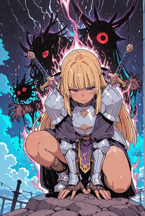 front、cute、Beautiful girl、tanned skin、thick eyebrows、1 girl repairing her left hand、Isekai Fantasy、Thunderstorm、there is an aura of darkness wafting through the body、Blonde、looking back suddenly towards a hidden enemy、Shojutsu Stance ,weapons、she has a sacred bow that gives off an aura、Archangel's Armor、Carrying a sacred bow 、The location is above the clouds 、and、an intense aura of light emanates from the girl's body、My occupation is a Holy Knight、 paladin、hime cut,A man licks a girl's eyeball、Summoned Beasts、an aura of darkness emanates in the background、she shoots a bow
