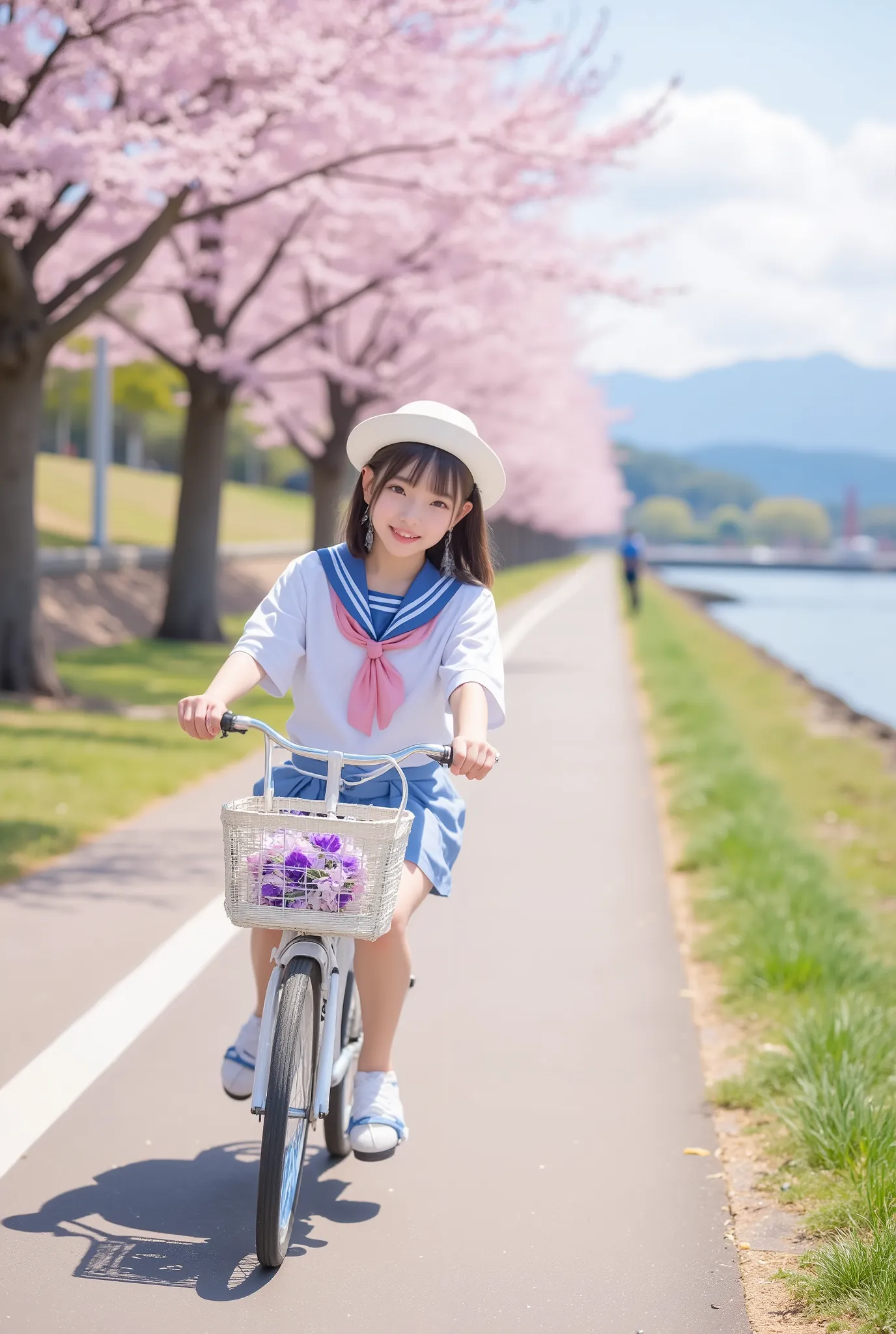 (short,elementary school,short,baby face:1.3),cute,Japanese girl,Super Real,high resolution,top quality,8k,Exquisite Details,depth of field,,A girl with a short cut riding a bicycle along a riverside path lined with cherry trees, her sailor suit swaying in...