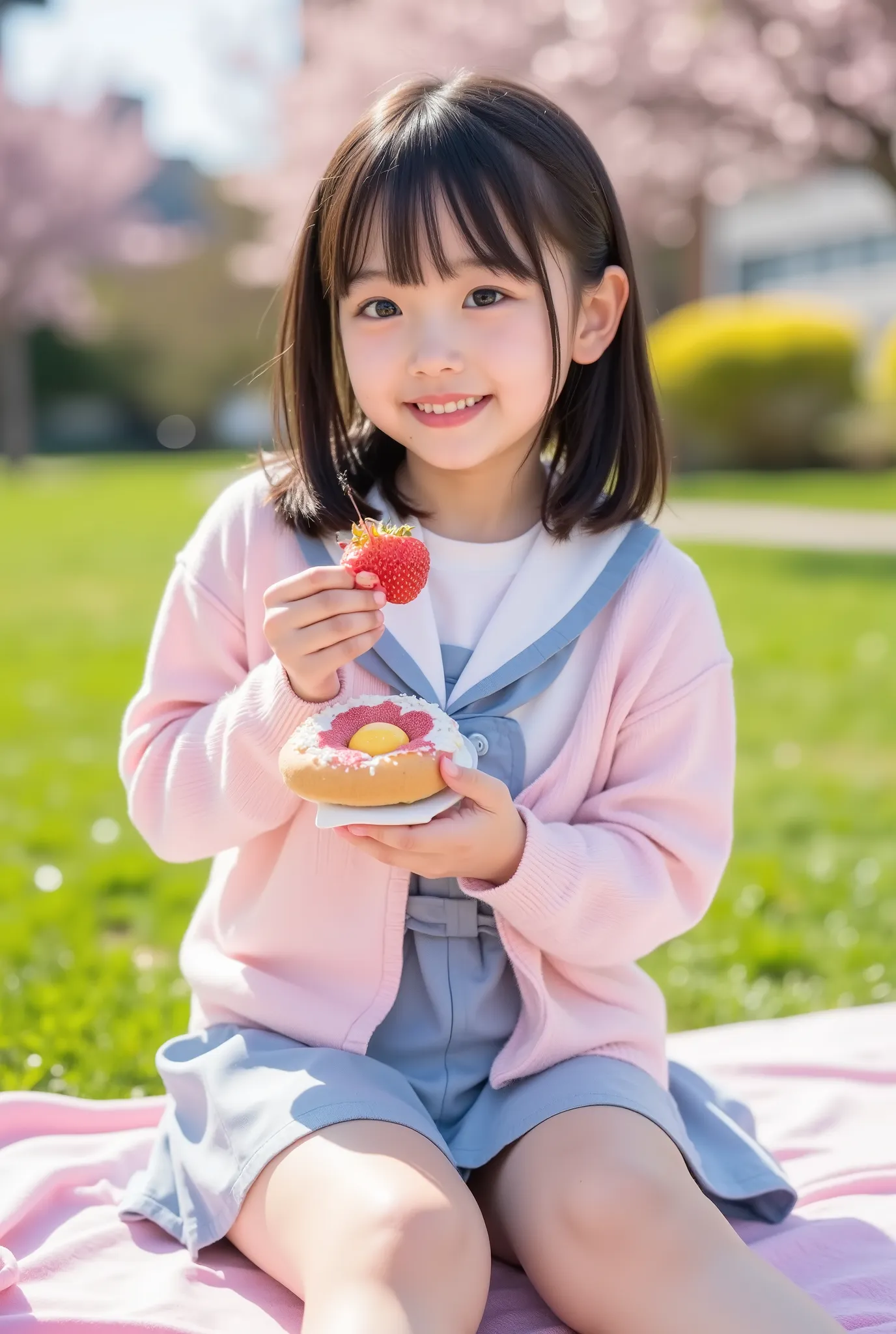 (short,elementary school,short,baby face:1.3),cute,Japanese girl,Super Real,high resolution,top quality,8k,Exquisite Details,depth of field,,a prairie with dandelions swaying in the breeze、sit on a picnic sheet under a cherry tree in the park、wear a light ...