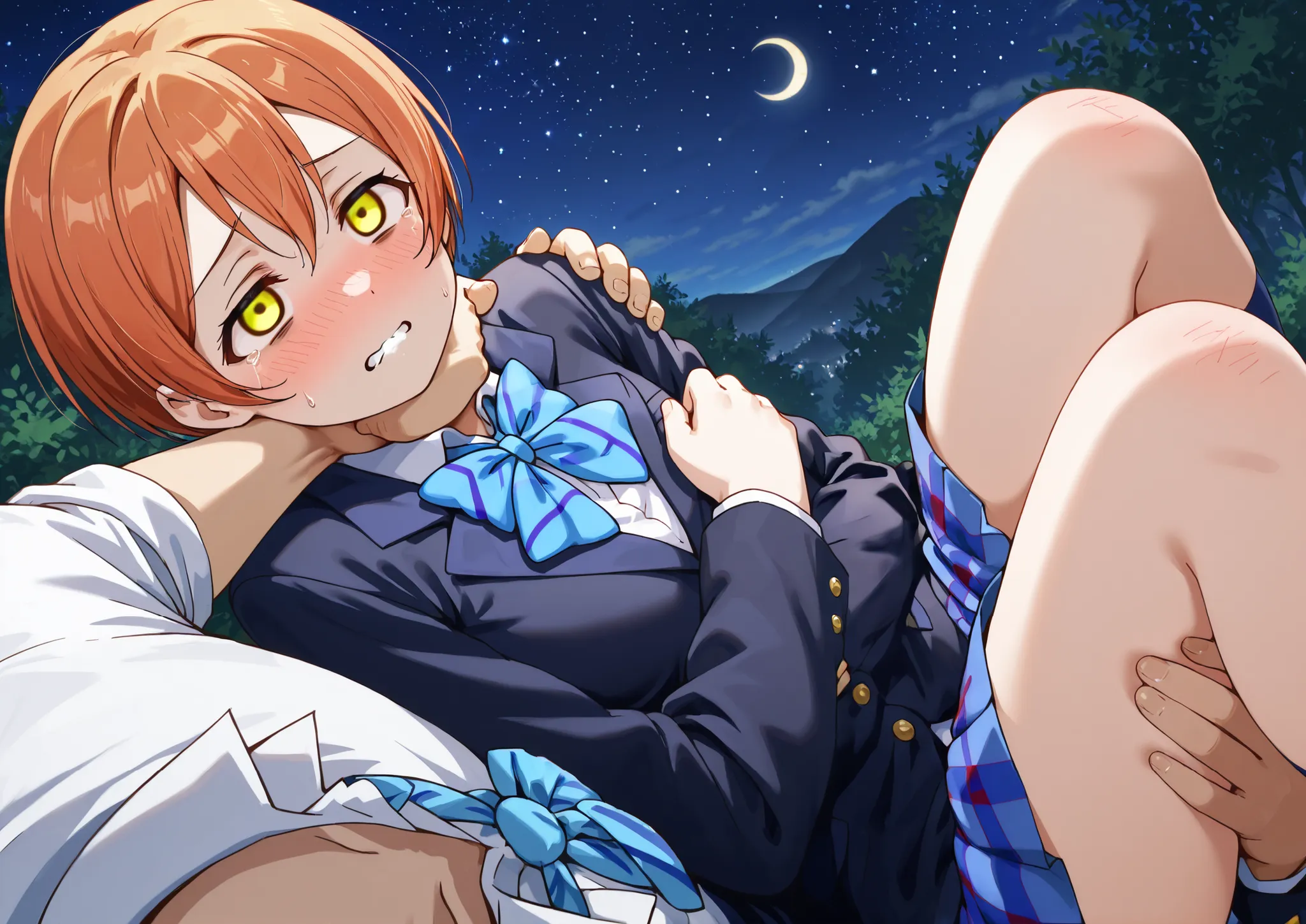 1girl, hoshizora rin, striped, short hair, blush, otonokizaka school uniform, lovelive_rin black blazer, blue plaid skirt, blue stripe bowtie, orange hair, very short hair, hair between eyes, yellow green eyes,knee up,crescent moon, stars (sky), blue face,...
