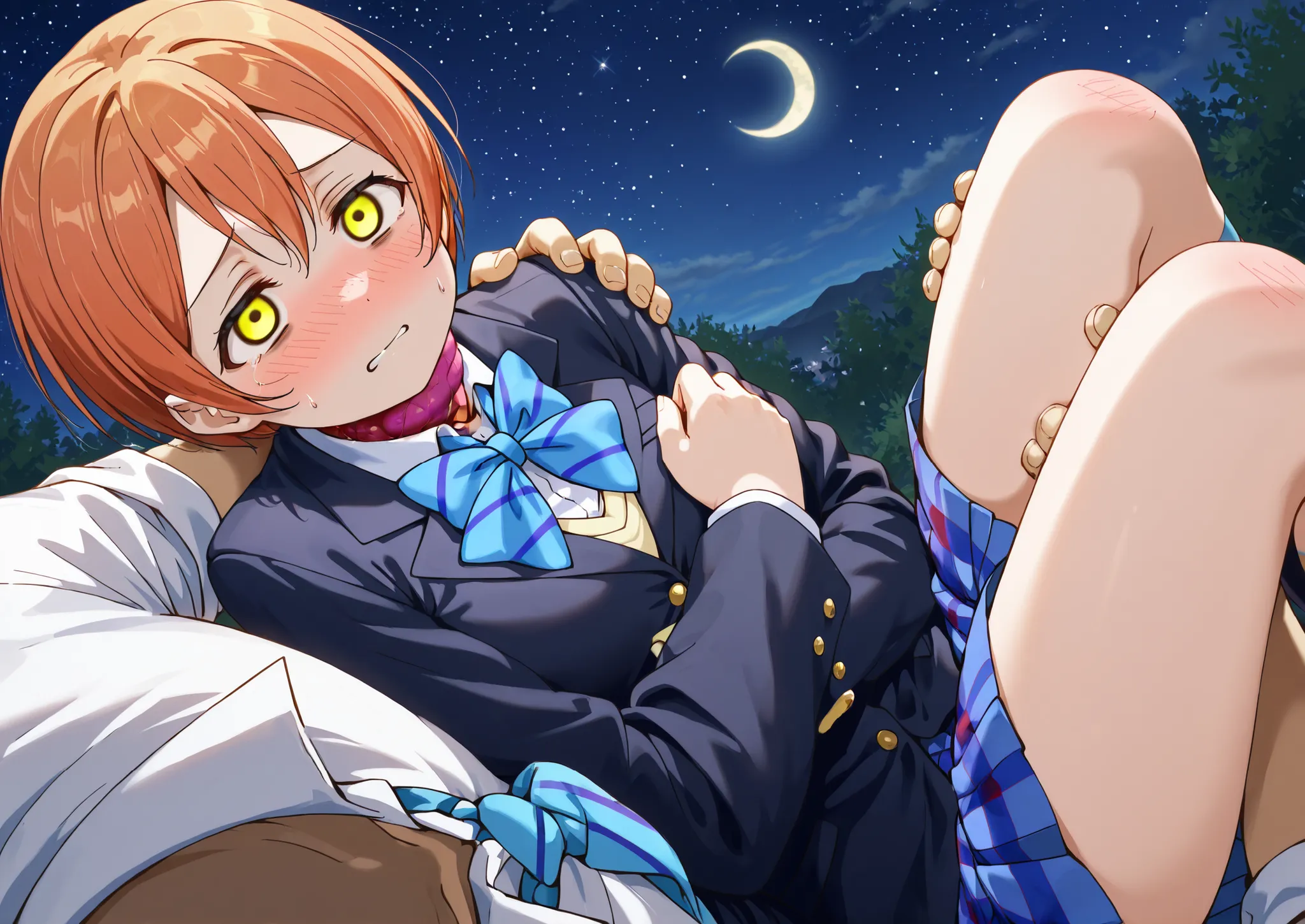 1girl, hoshizora rin, striped, short hair, blush, otonokizaka school uniform, lovelive_rin black blazer, blue plaid skirt, blue stripe bowtie, orange hair, very short hair, hair between eyes, yellow green eyes,knee up,crescent moon, stars (sky), blue face,...