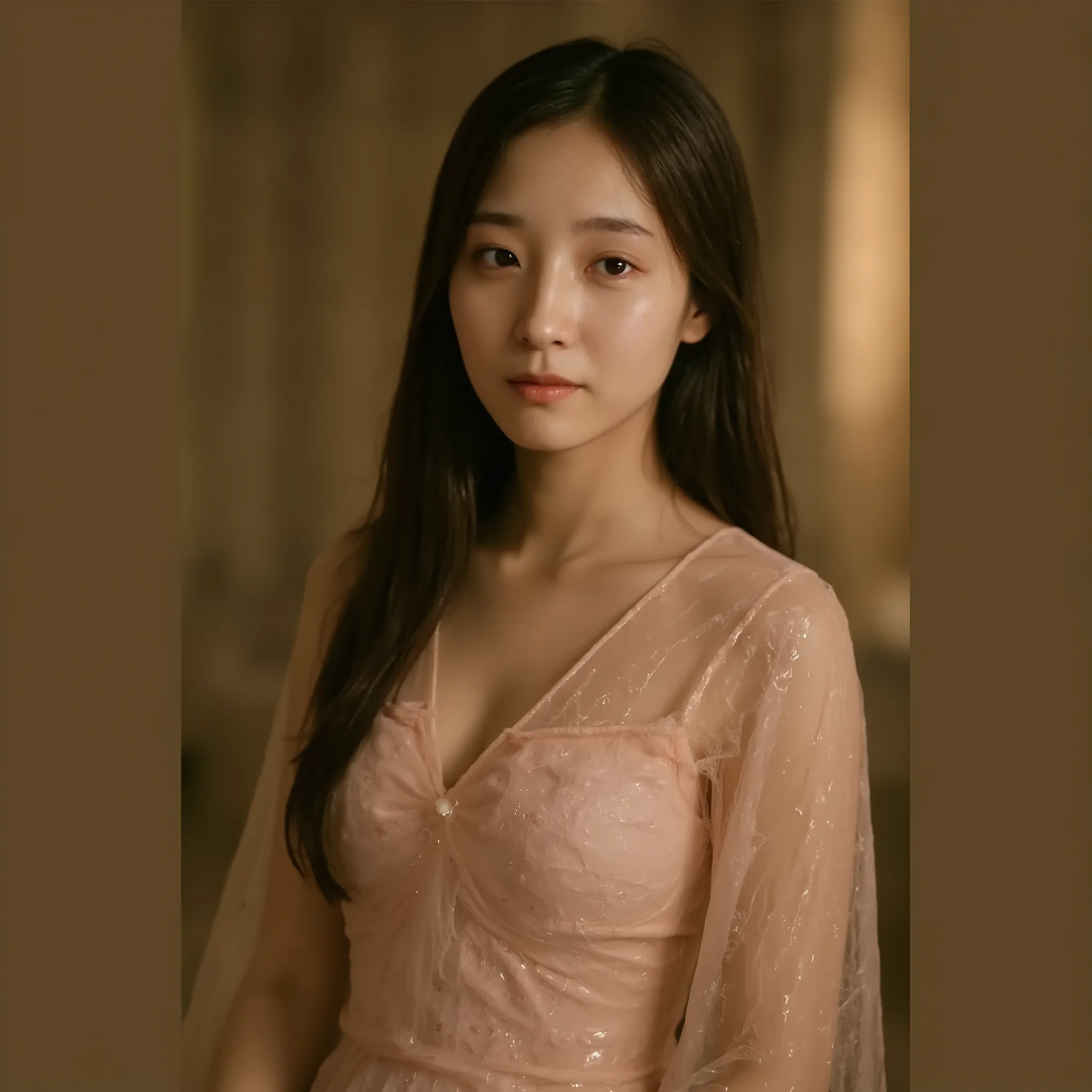 Protagonist's pose：
leaning against a semitransparent cocoon structure，Left arm lightly supported by silk pillow，The tip of the right hand drooping through the silk net。Long hair flowing like ink，Half shrouded in perfume，A bundle of curled hair dangling fr...