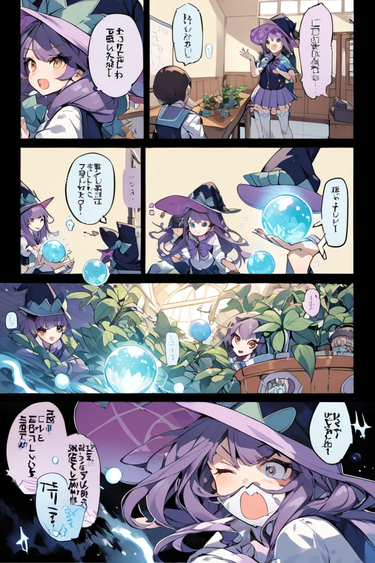 Pretty Witch Peering Into a Crystal Ball in a School of Magic Classroom、(((magic school uniform)))、I'm staring at a potted man-eating plant