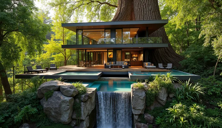 (Treehouse on a giant redwood:1.5),(Modern 3-storey mansion standing on a giant tree:1.5)、There is a luxurious pool、A waterfall cascades down from natural bedrock,