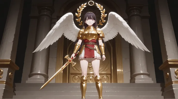 one girl,  is the side of the band :1.2, whole body ,shiina taki, MyGO, long hair, black hair ,purple eyes, mole under eyes, golden laurel wreath, red and golden armor, gold boots, Holding a Warhammer with thunder, Warhammer, short skirt, angel wings, marb...