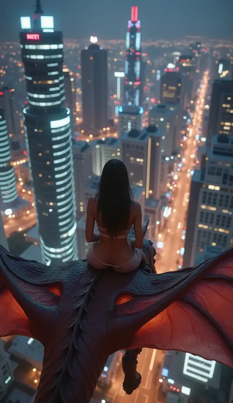 a cinematic view of a person riding a dragon over a futuristic city at night, viewed from behind and above, showing wide panoramic cityscape with glowing skyscrapers and neon lights, dragon’s wings spread wide, vibrant reflections on buildings, epic atmosp...