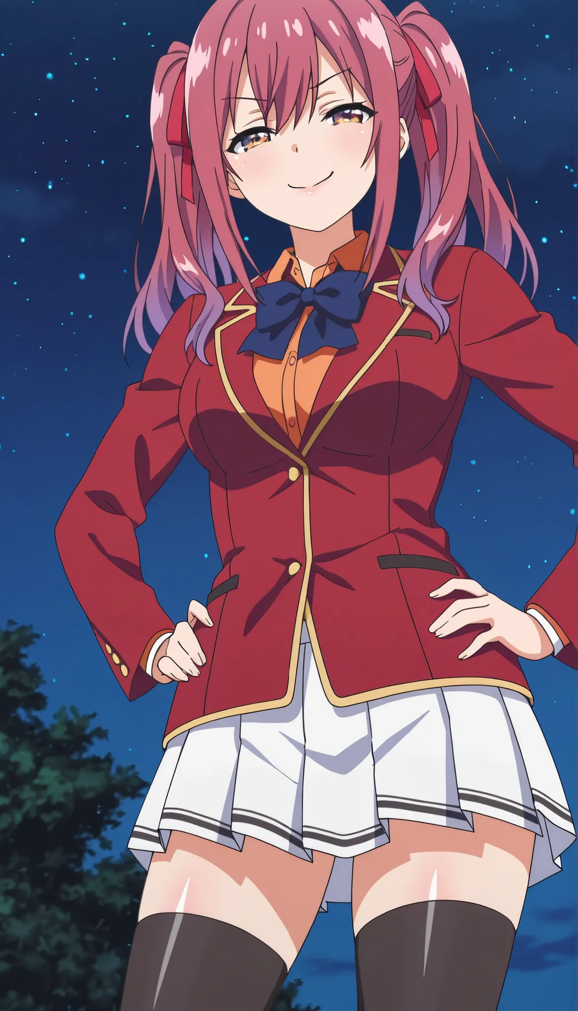 amasawa ichika , ribbon , twintails , long hair , hair ribbon , yellow eyes , purple hair , red hair , white skirt , school uniform , pleated skirt , blazer , red jacket , orange shirt , black legwear , thighhighs , blue bowtie , anime screencap , shiny sk...