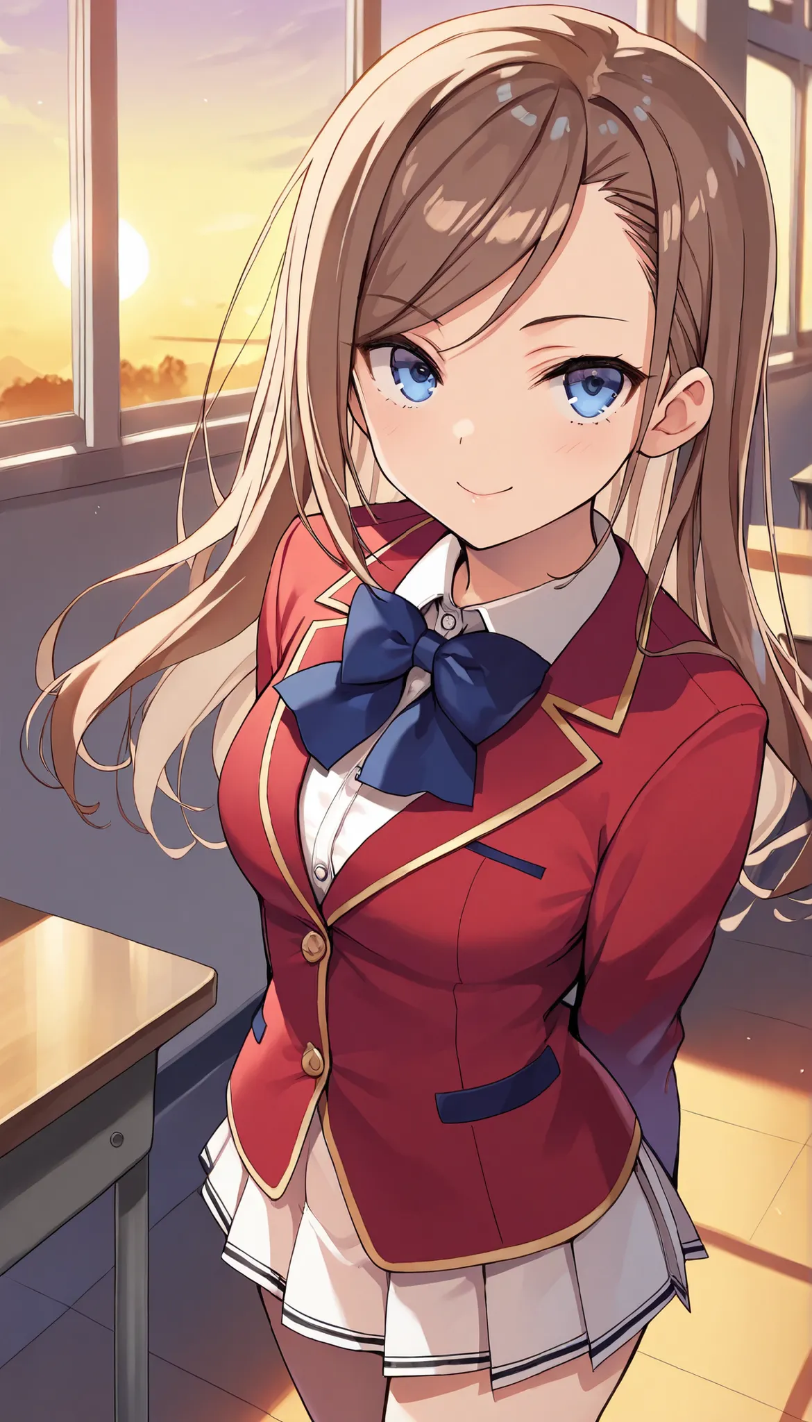 masterpiece, best quality, highres, 1girl,solo, matsushita, swept bangs brown hair, white skirt, red blazer(closed blazer, buttoned blazer,two button), blue bowtie, shirt,thigh,standing, classroom ,sunset ,serious smile, from side ,arms behind back ,closed...