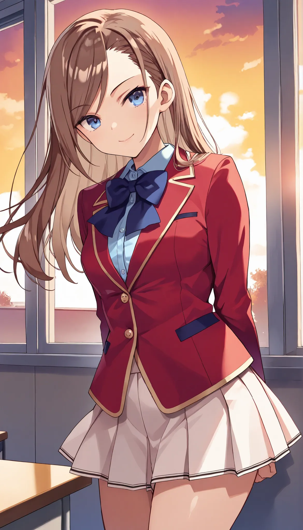 masterpiece, best quality, highres, 1girl,solo, matsushita, swept bangs brown hair, white skirt, red blazer(closed blazer, buttoned blazer,two button), blue bowtie, shirt,thigh,standing, classroom ,sunset ,serious smile, from side ,arms behind back ,closed...