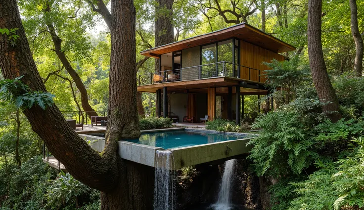 (treehouse:1.5),(巨木 レッドウッドの上にあるtreehouse:1.5),(Modern 3-storey mansion standing on a giant tree:1.5)、There is a luxurious pool、A waterfall cascades down from natural bedrock、