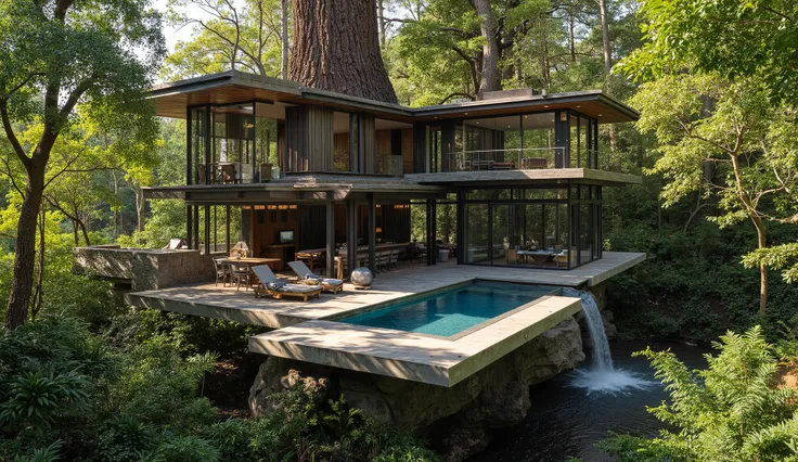 (treehouse:1.5),(巨木のレッドウッドの上にある巨大treehouse:1.5),(Modern 3-storey mansion standing on a giant tree:1.5)、There is a luxurious pool、(A waterfall cascades down from natural bedrock:1.5)、